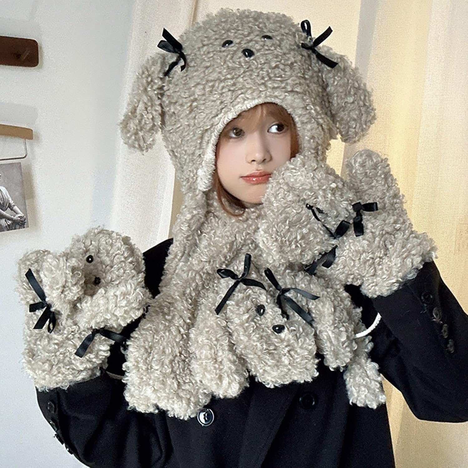Fashion Bowknot Dog Cartoon Hat Scarf Gloves Set for All Age Adult Comfortable Handwear and Neckpiece for Winter Winter Accessories
