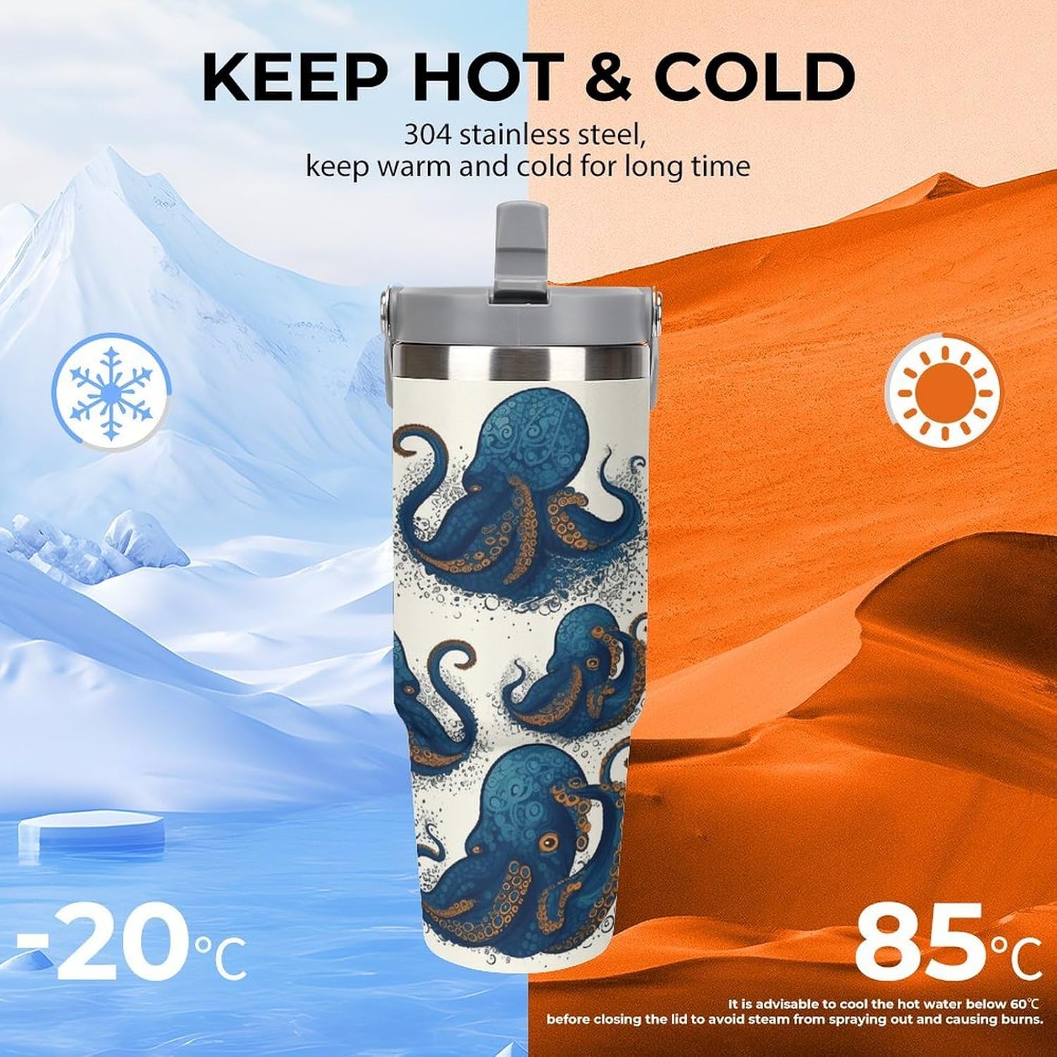Tentacles Octopus Water Bottle 30 Oz Fits Car Cup Holder,Insulated Coffee Mug Large Capacity Car Cups,Stainless Steel Double Wall Sport Bottle for Travel Sports Gym