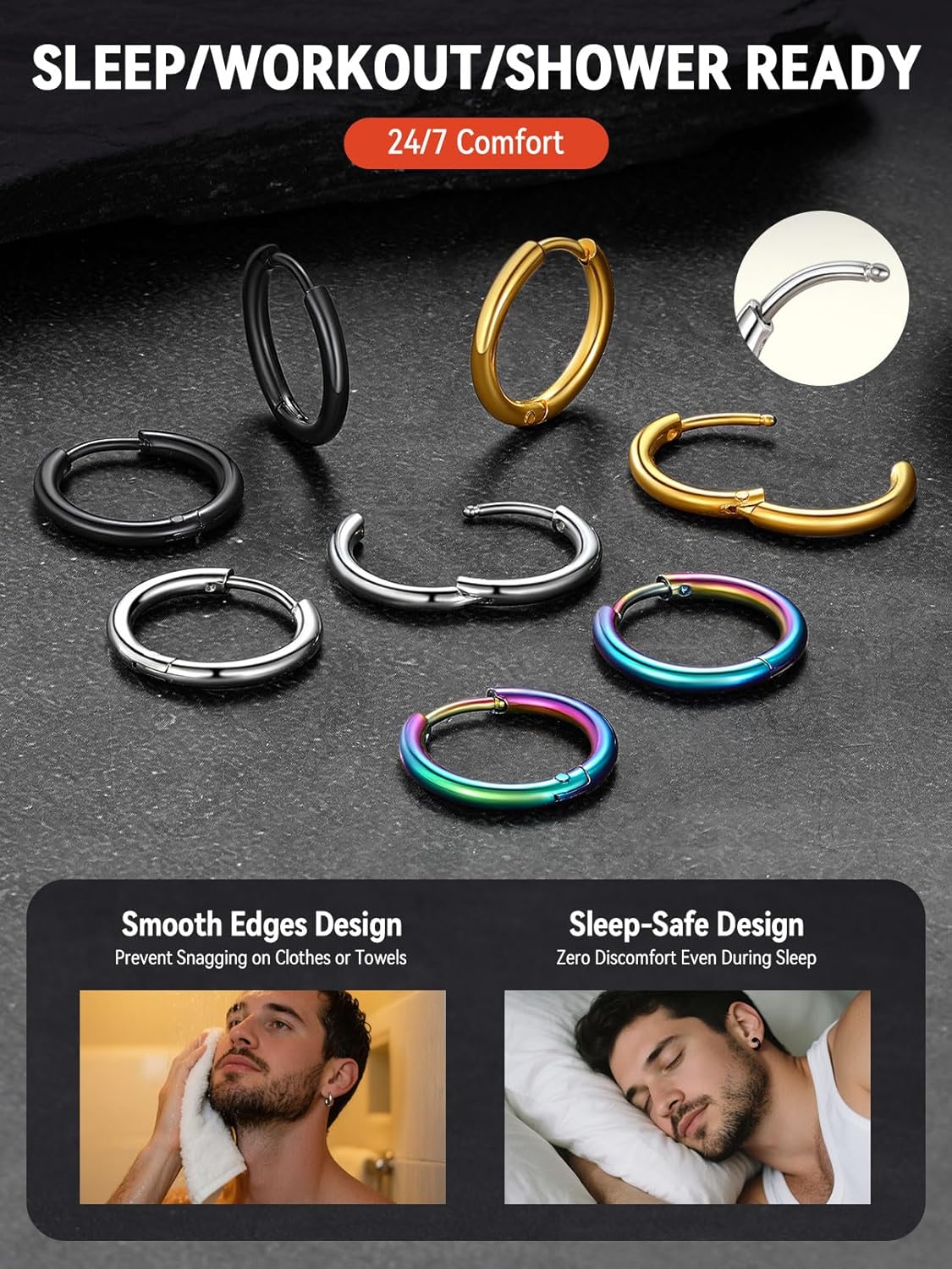 FaithHeart Stainless Steel Black/Silver/Gold Hoop Earrings for Men - Hypoallergenic Small Huggie Hoop Earrings Lightweight Sleeper Earrings Waterproof Cartilage Piercing Jewelry Gift 7-16mm - Image 5
