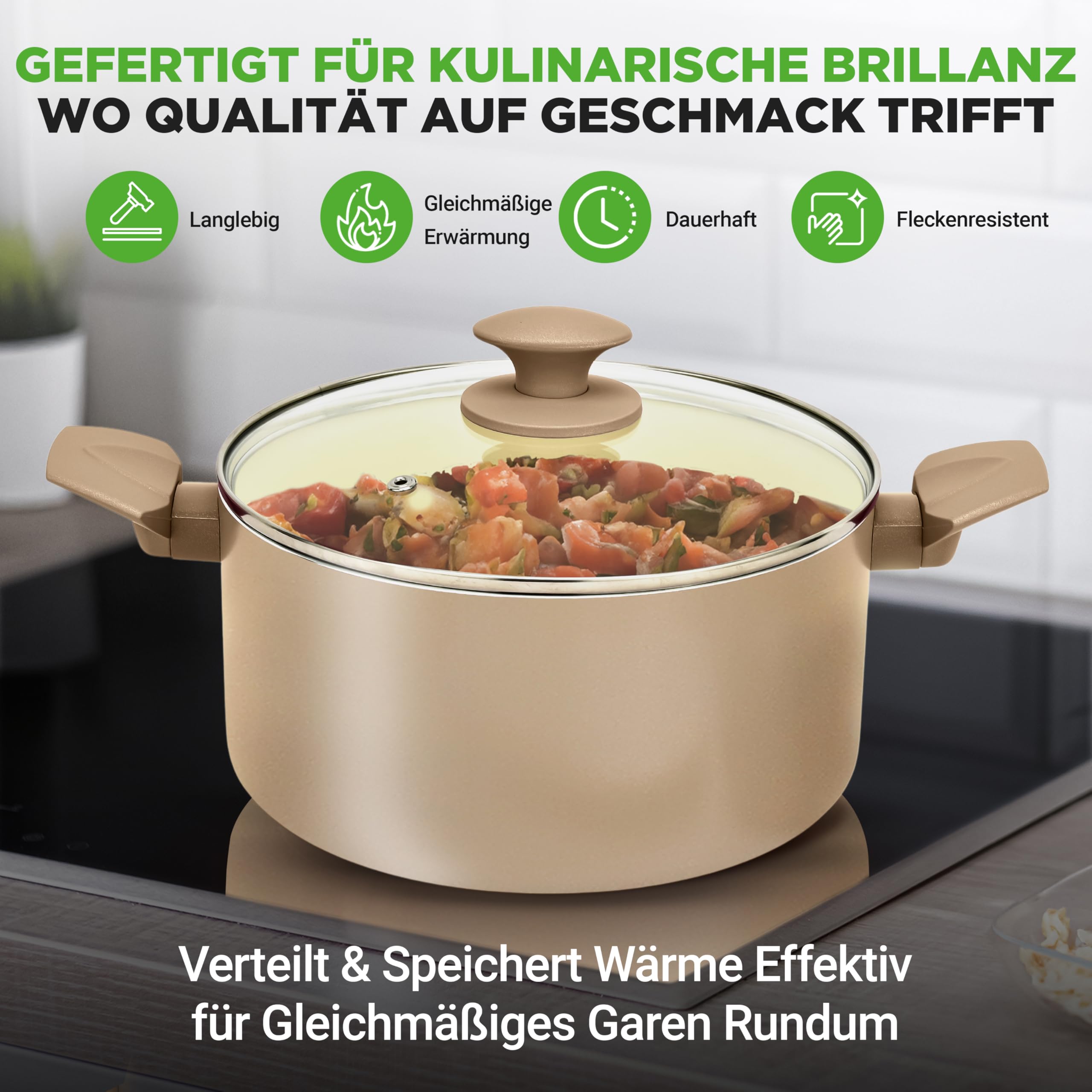 NutriChef Set mit 75 Antihaft-Pfannen und -Töpfen, Komplettes Set aus Keramik-Küchenutensilien mit Backzubehör, Messer-Set und Zubehör, fleckenbeständig, lebensmittelsicher, Creme/Braun