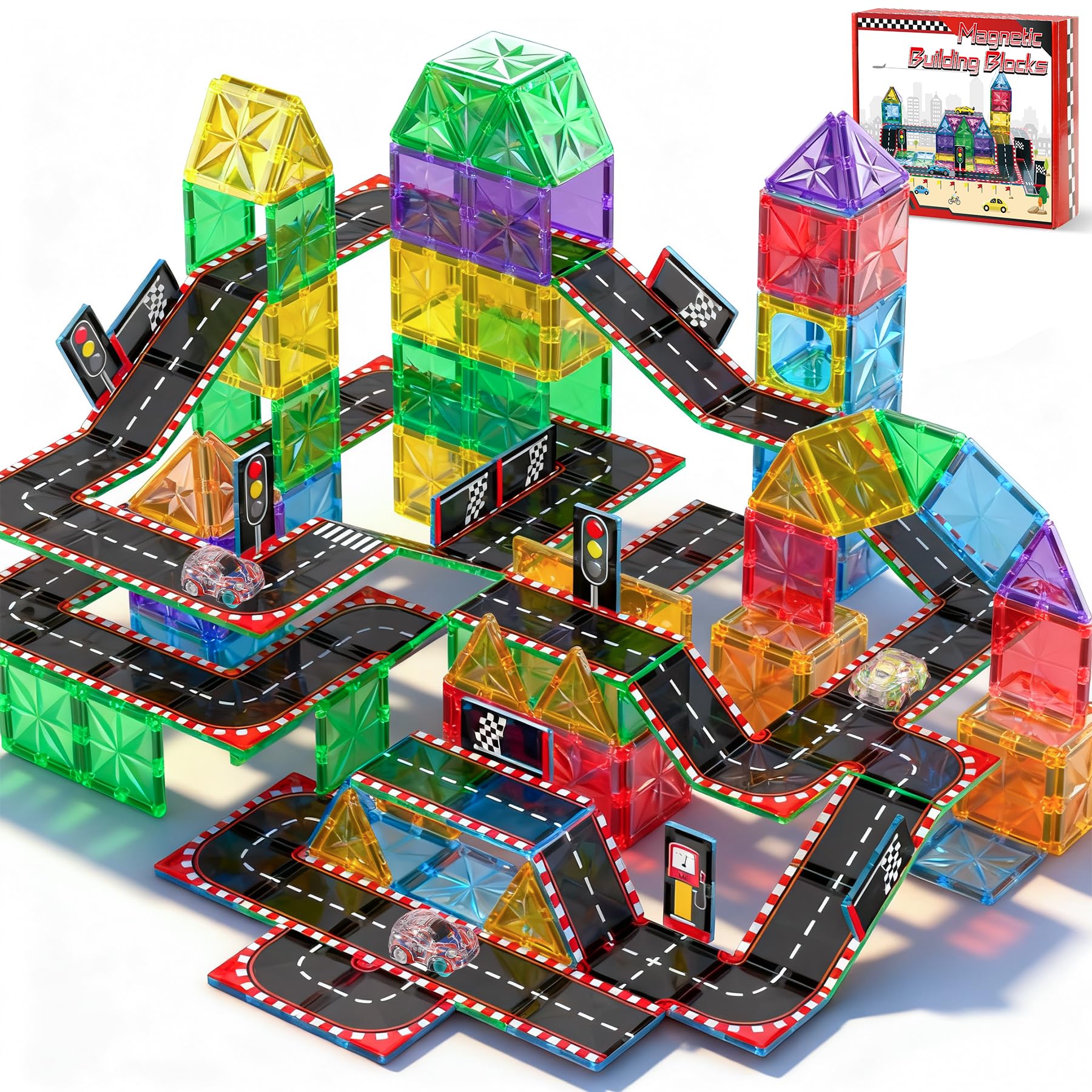 COOLJOYA Magnetic Tiles Magnetic Building Blocks, 65PCS City Road Toppers Set for Kids, Montessori Construction Toys for 3 4 5 6 7 8+ Year Old Girls Boys Gift