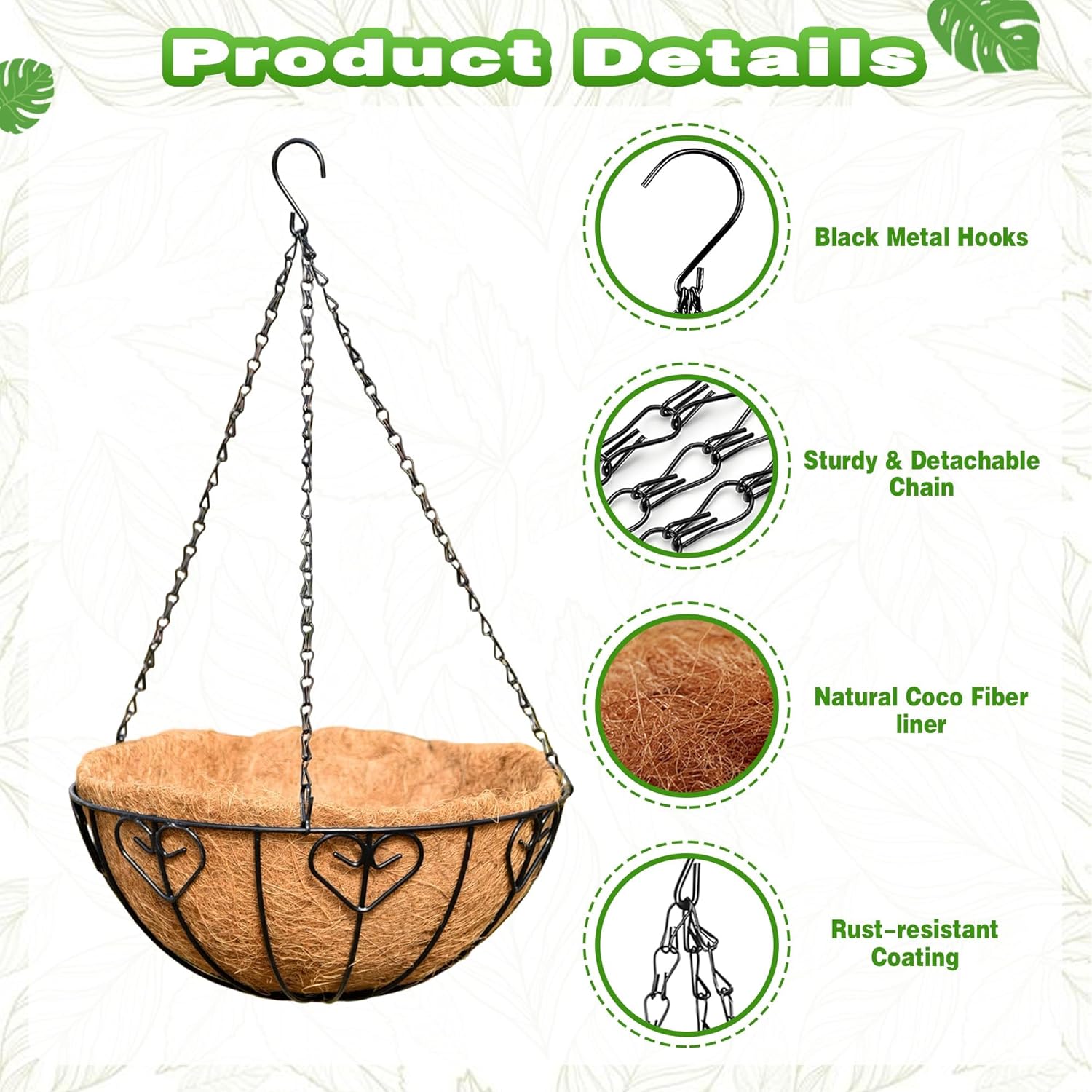 2 Pack 12 Inch Metal Outdoor Hanging Baskets Black Heavy Duty Hanging Planters with Coco Liners for Indoor Outdoor Plants Gardens Patios Terraces（Heart-Shaped）