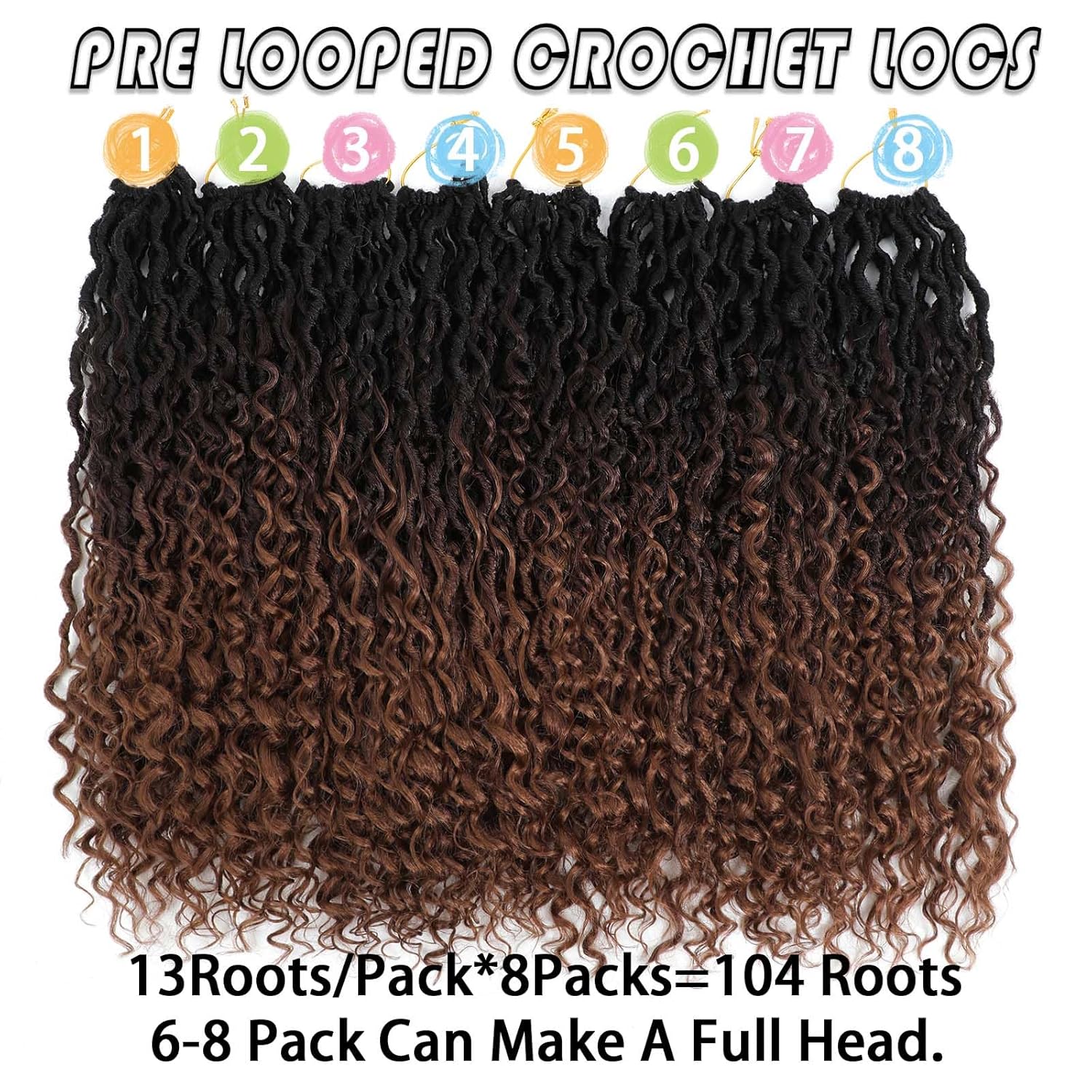 Col Bling Goddess Locs Crochet Hair 18 Inch 8 Packs Ombre Faux Locs Crochet Hair for Women Pre Looped Crochet Boho Goddess Faux Locs Crotchet Hair with Curly Ends #1B/4/30