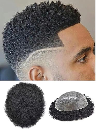 Afro Toupee para hombres negros, rizado brasileño, pieza de cabello humano afroamericano afro ondulado para hombres, extensiones de pelo de piel