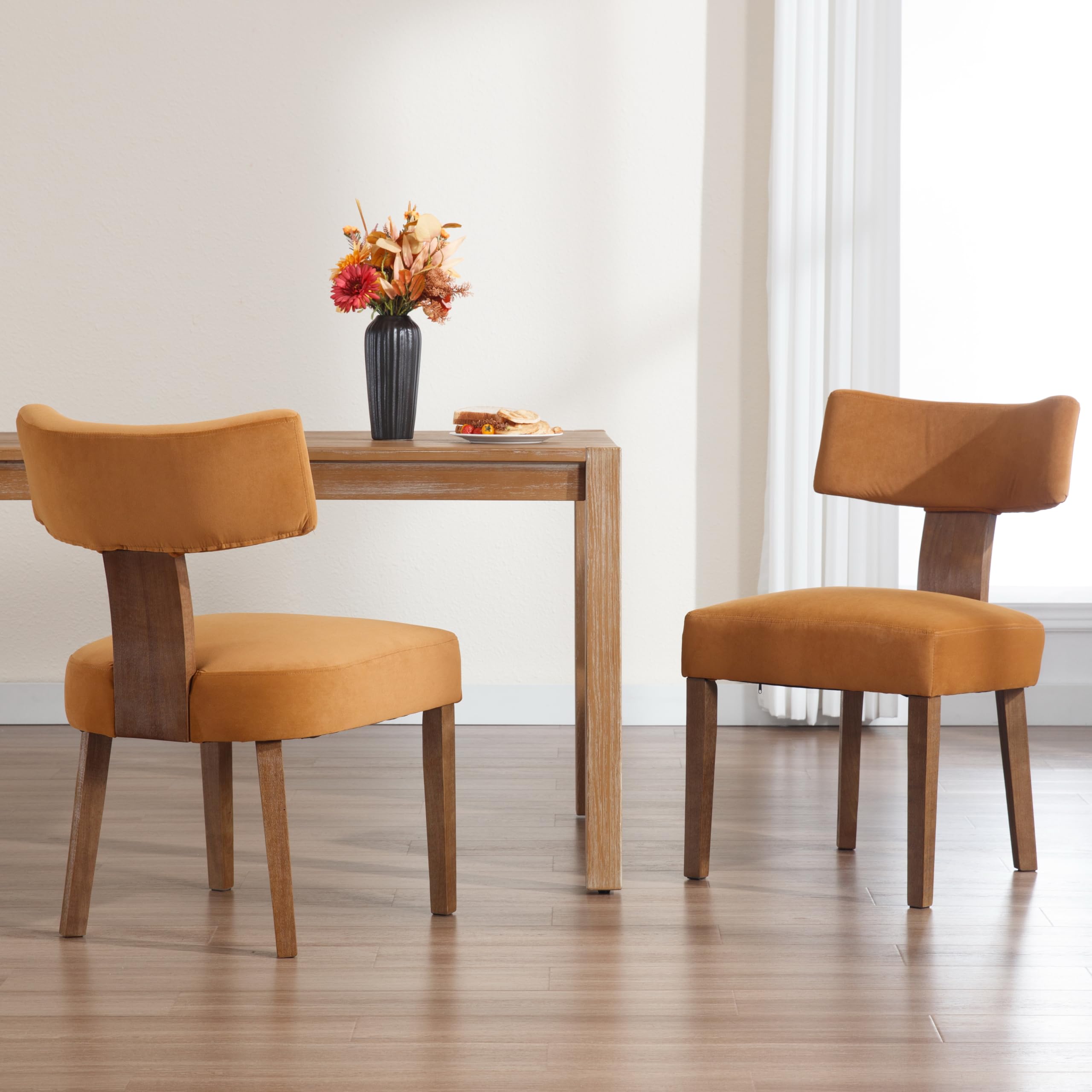 RIVOVA Set of 2 Modern Dining Chairs, Farmhouse Velvet Upholstered Dining Room Chairs Kitchen Chairs Side Armless Chairs with Curved Backrest Wood Legs, Yellow Brown