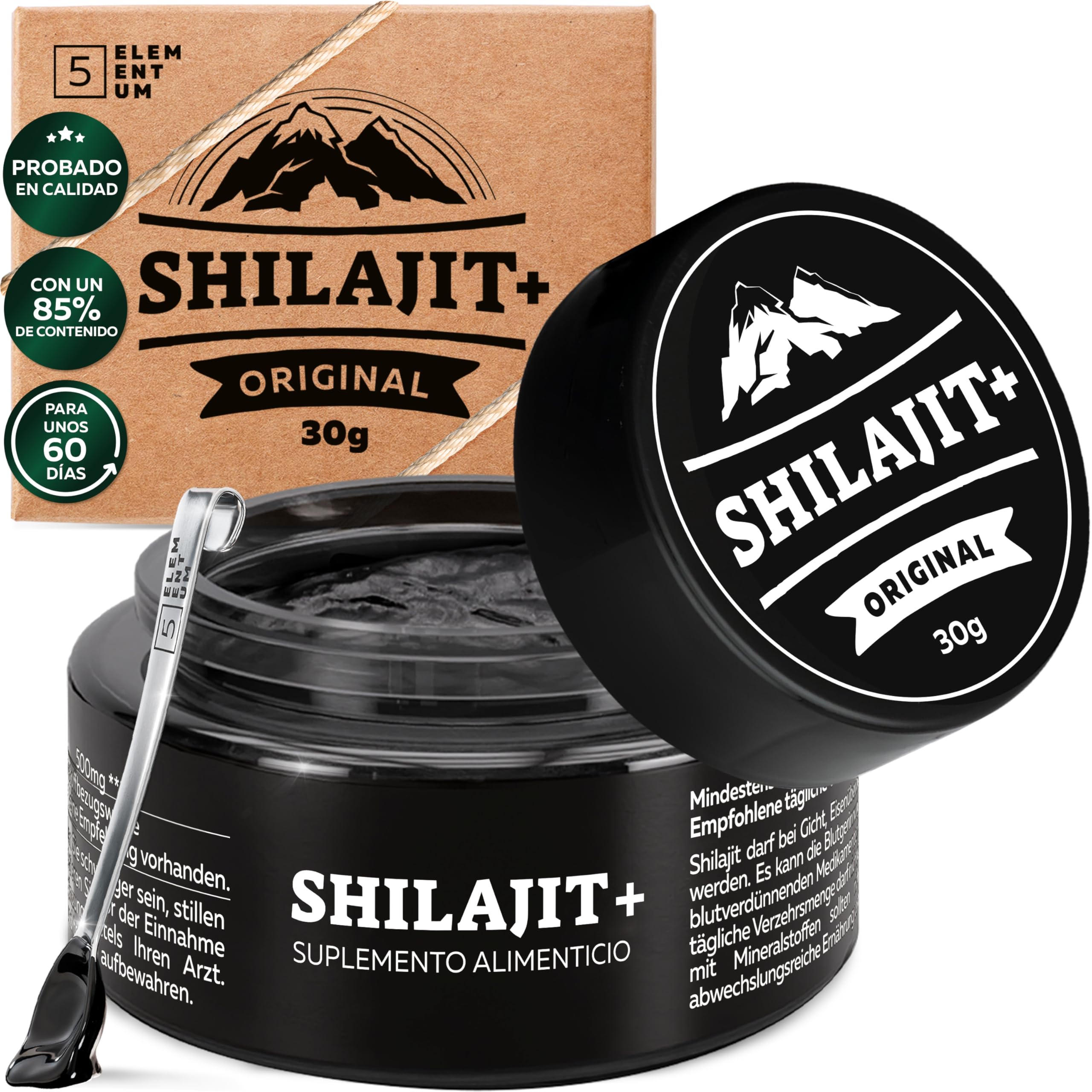 Shilajit Puro del Himalaya 82% Ácido Fúlvico – Alta Concentración – Resina Pura y Natural – 90 g (30 g x3) 180 Días – Recolectado a Mano – Cuchara Dosificadora 500mg – También llamado Himalayan Mumijo