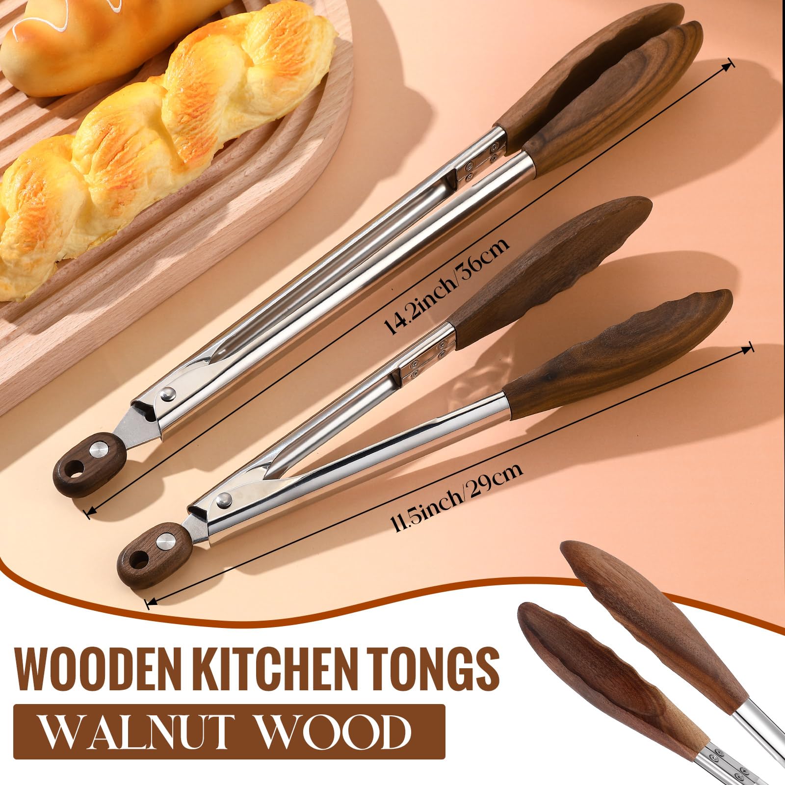 Baderke Juego de 2 pinzas de cocina de madera de nogal para cocinar, pinzas de ensalada con puntas de madera para servir ensaladas, hamburguesas y mucho más, juego de 2, 11.4 pulgadas y 14.6 pulgadas