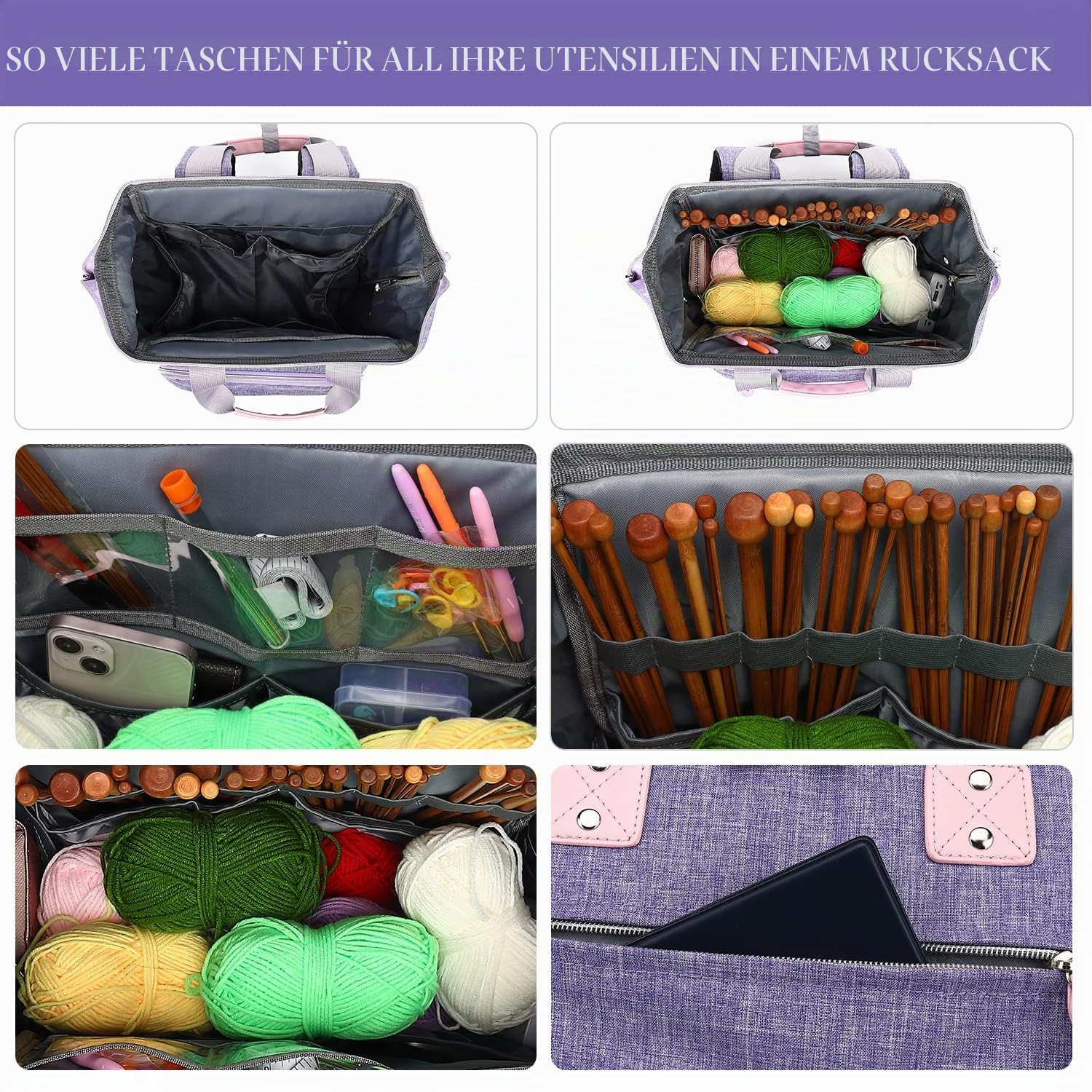 Stricktasche, Rucksack, Garnaufbewahrung, Organizer, Reise-Häkeltasche mit USB-Ladeanschluss, große Kapazität, Garnaufbewahrung, Tragetasche, Garnhalter für Projekte, Stricknadeln, Häkelnadeln, Rosa