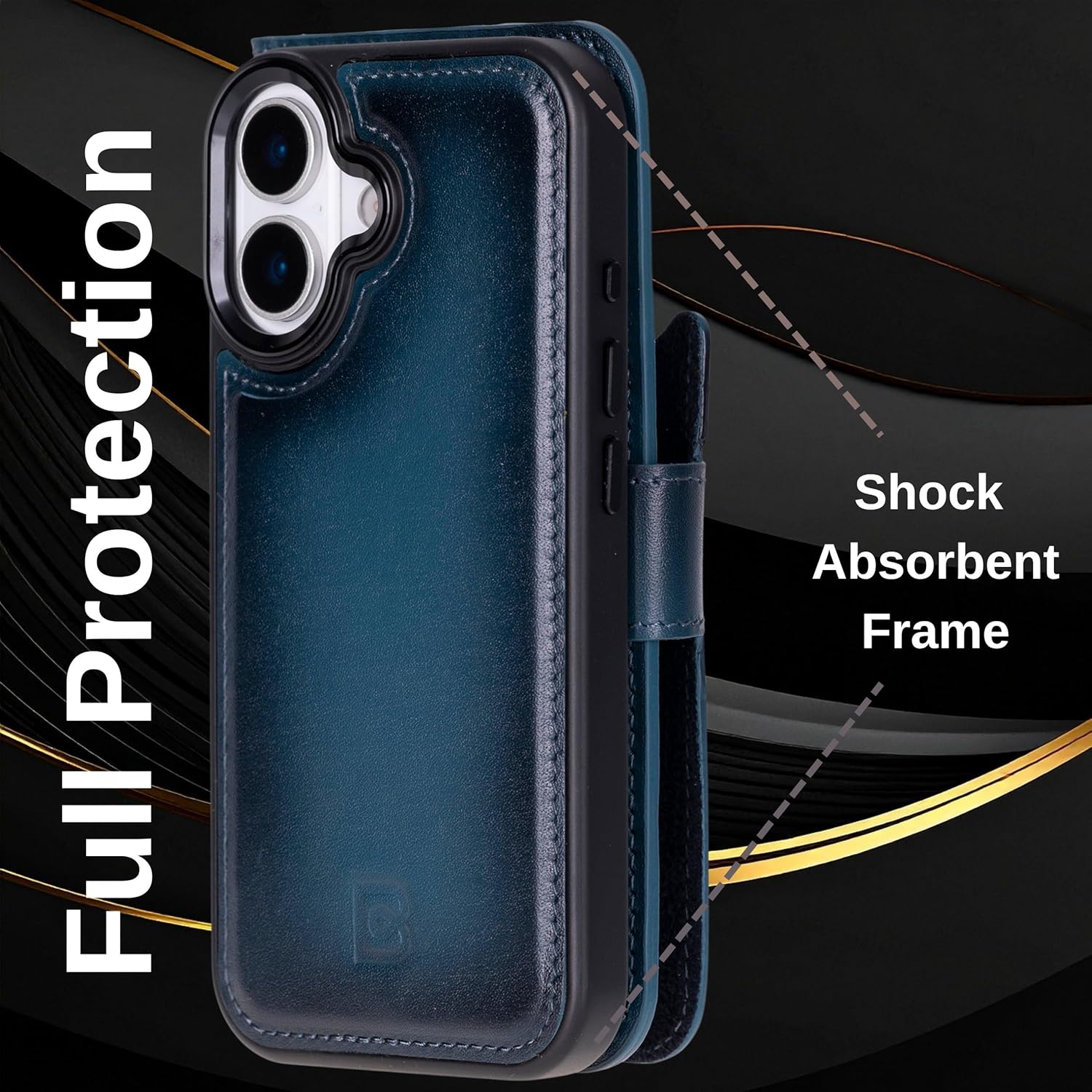 BOULETTA Full Grain Genuine Leather Wallet Case for iPhone 17, Compatible with MagSafe Bussiness Style 4 Card Holder Folio Cover, Kickstand, RFID Protected (Effected Blue)