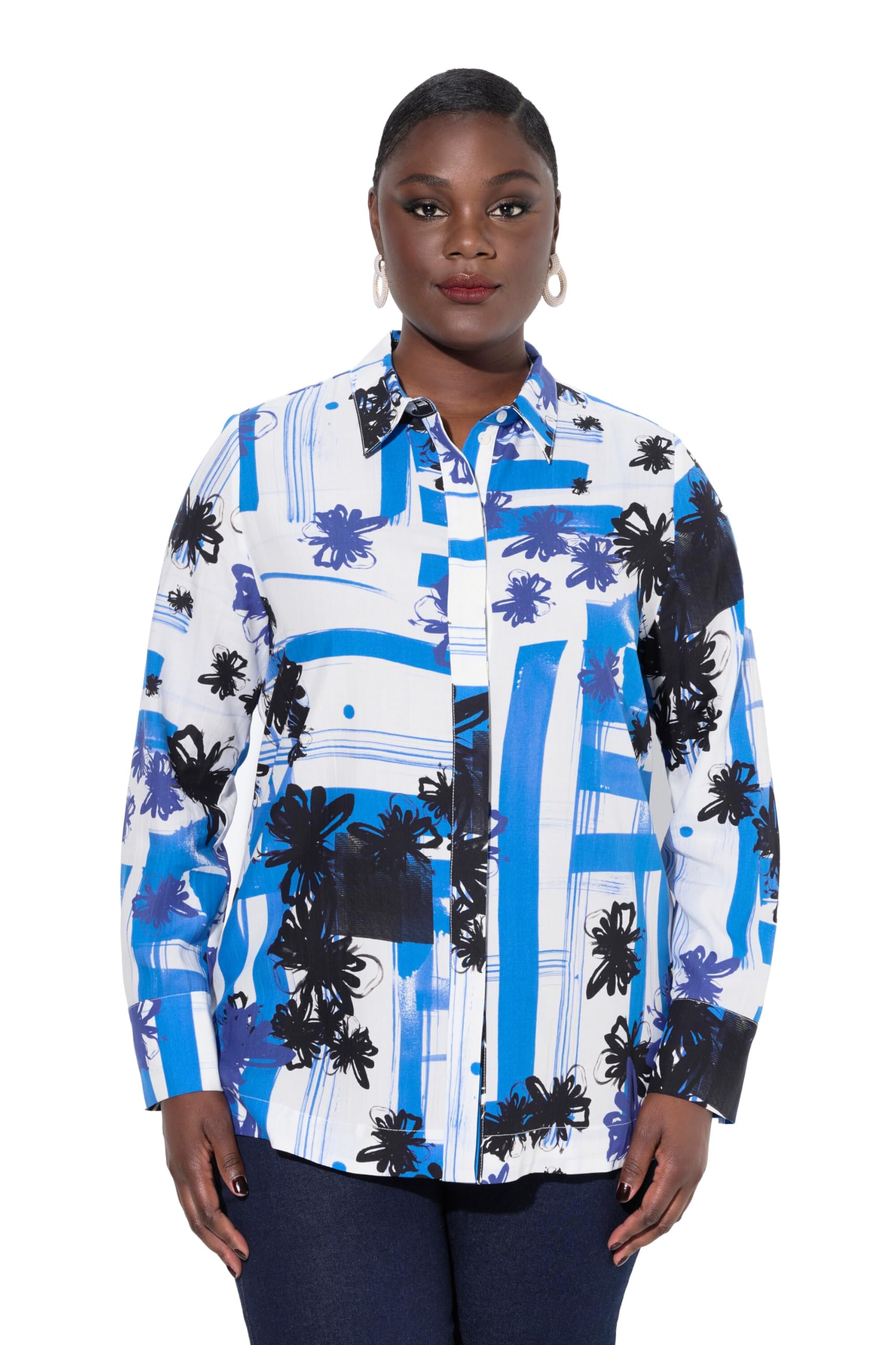 Ulla Popken Damen große Größen Übergrößen Plus Size Lyocell-Bluse, grafisches Design, Hemdkragen, Langarm 835304