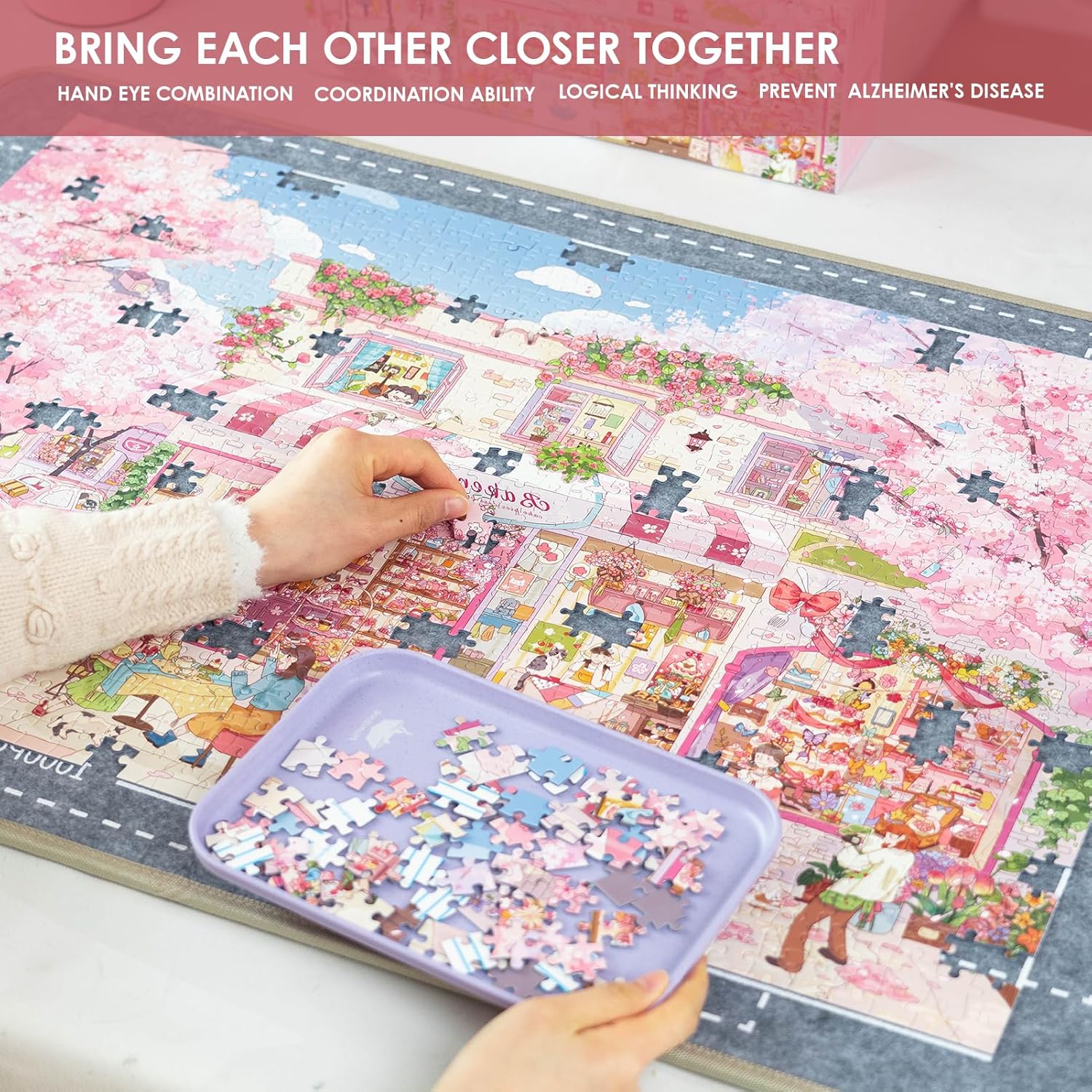 MOMIBOOK 1000 Piece Puzzle for Adults Jigsaw Puzzles of Streets Full of Cherry Blossoms, Painting Image Flower Street Difficult Challenging Hard Impossible Puzzle Unique Christmas Birthday Gifts