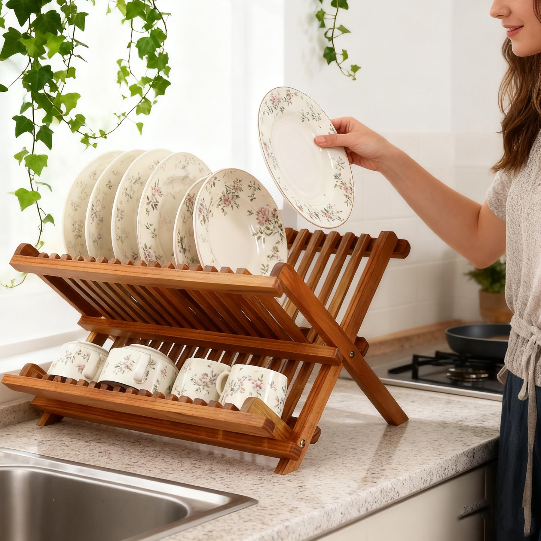 Utoplike Scolapiatti pieghevole in teak, a 2 ripiani, scolapiatti pieghevole, organizer per piatti da cucina, compatto