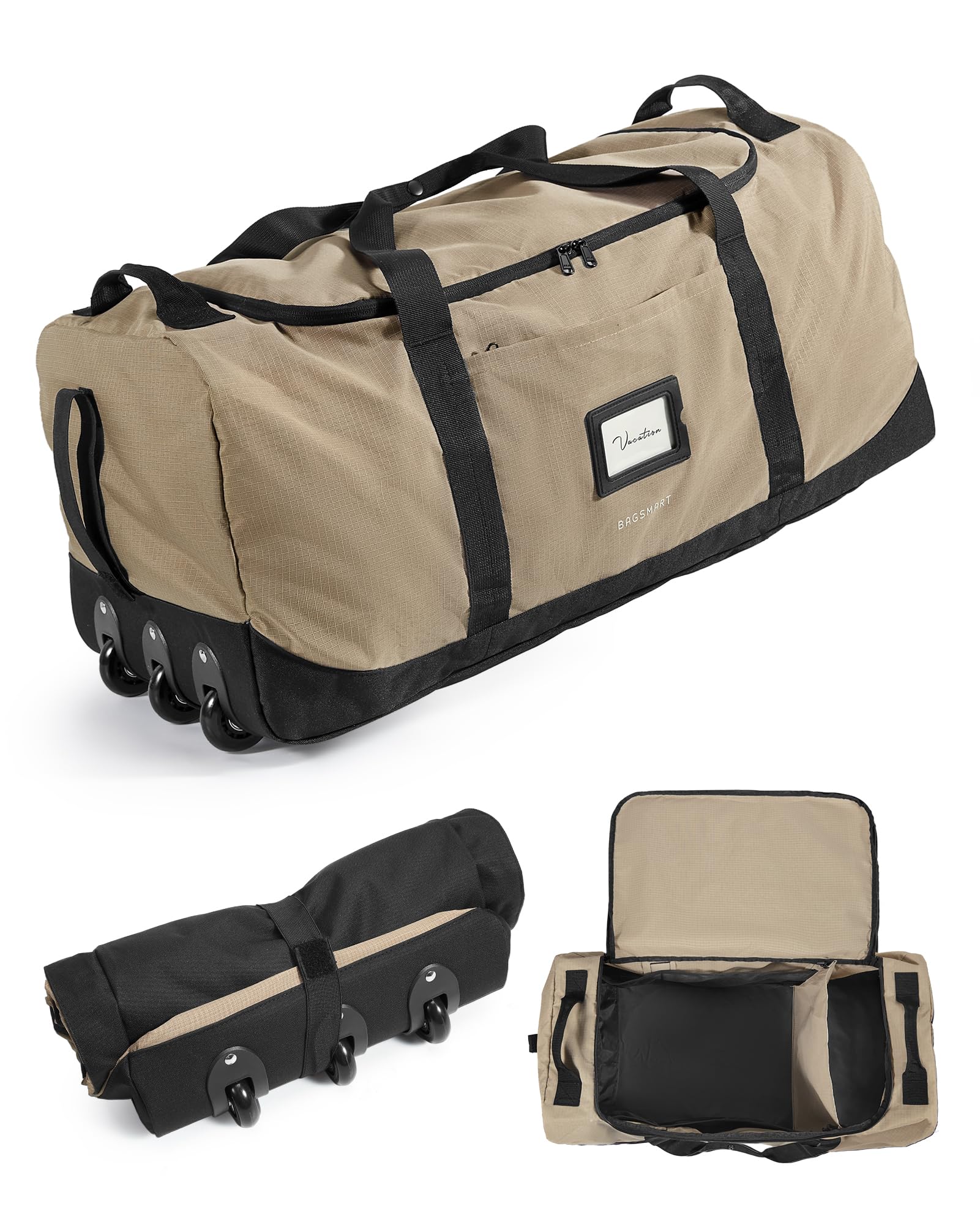 BAGSMART Faltbare Reisetasche mit Rollen, 83L Leicht Sporttasche 3-Rollen große Reisetasche Herren & Damen, Kann aufgerollt und aufbewahrt Werden, Braun