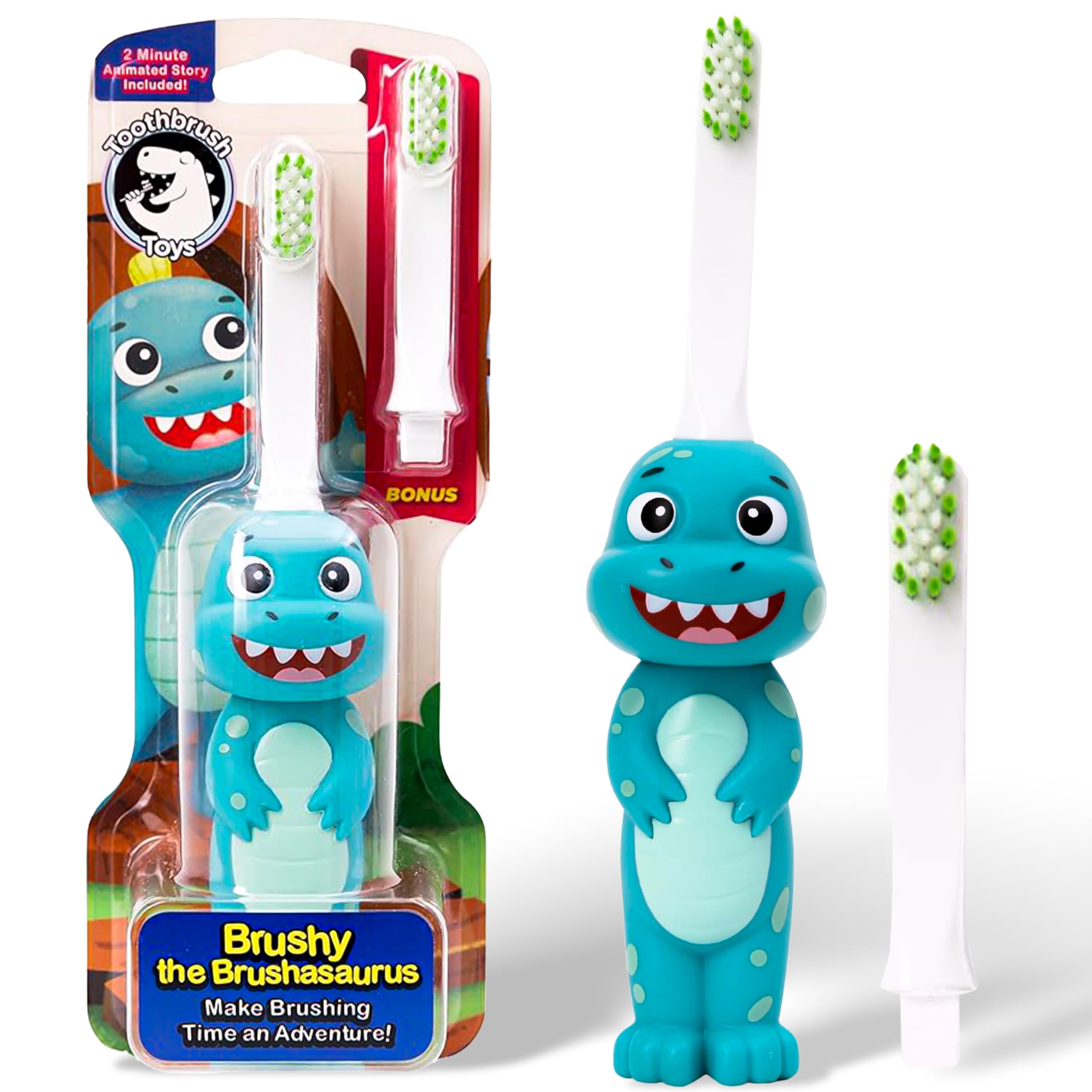 Kids Soft Bristle Dinosaur Toothbrush for Ages 2+, Gentle and Cute Toothbrush for Children with Replaceable Brush Head, Ergonomic Handle Kids Brush