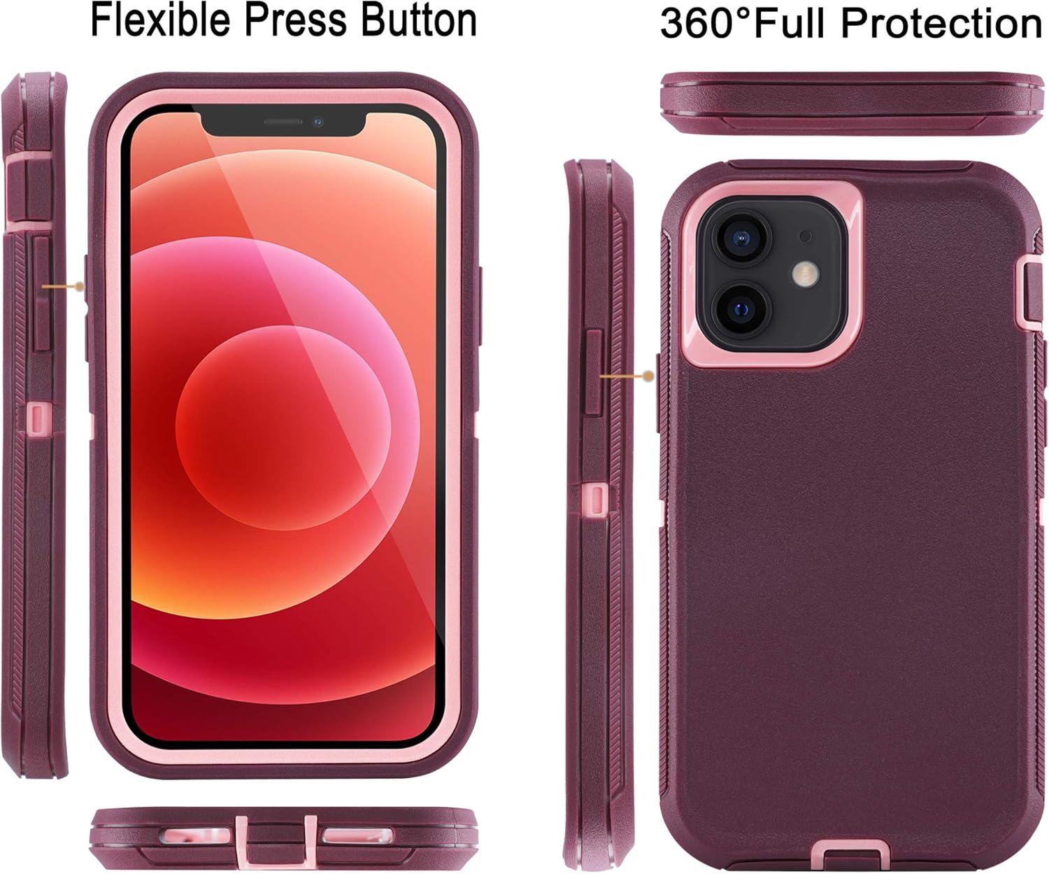 for iPhone 12/for iPhone 12 Pro Case 6.1" with 2 Screen Protector,Full Body Rugged Heavy Duty Military Grade Cover,Shockproof/Drop Proof Protection Phone Case (Wine Red Pink) - Image 4