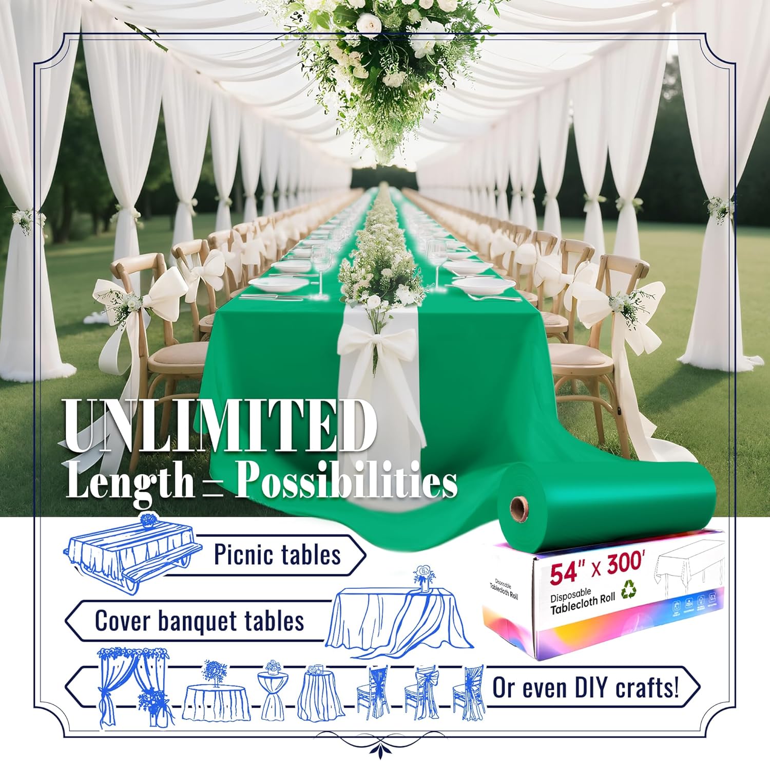 Plastic Table Cloth Disposable, 54IN X 300FT Table Cover Roll, Disposable Tablecloth with Slide Cutter for Rectangle Round Tables, Decorations for Saint Patricks Day, Birthday, Party, Picnic (Green)