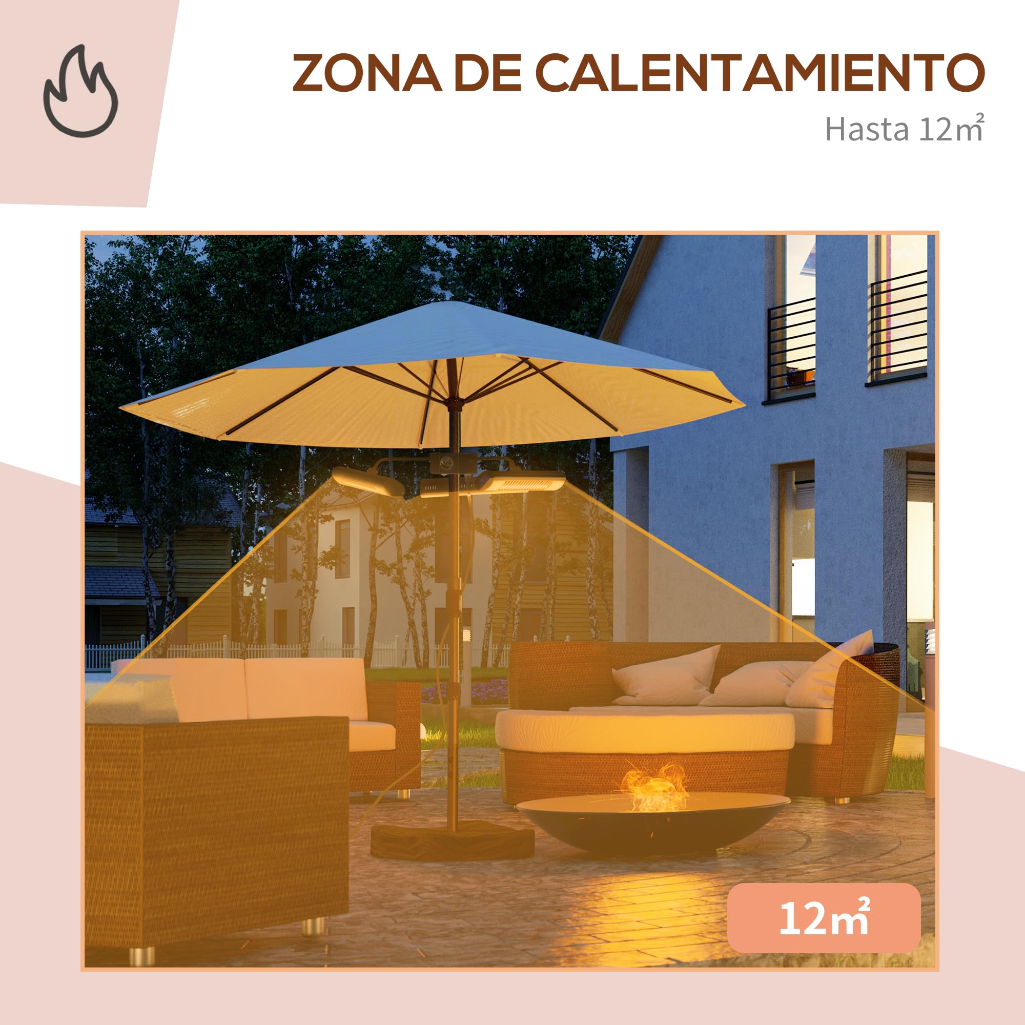 Outsunny Calefactor Eléctrico de Exterior 1000W/2000W/3000W IPX5 12 m² | Estufa de Infrarrojos, 3 Niveles de Calor, Control Remoto, Aleación de Aluminio, para Sombrilla Gazebo Jardín