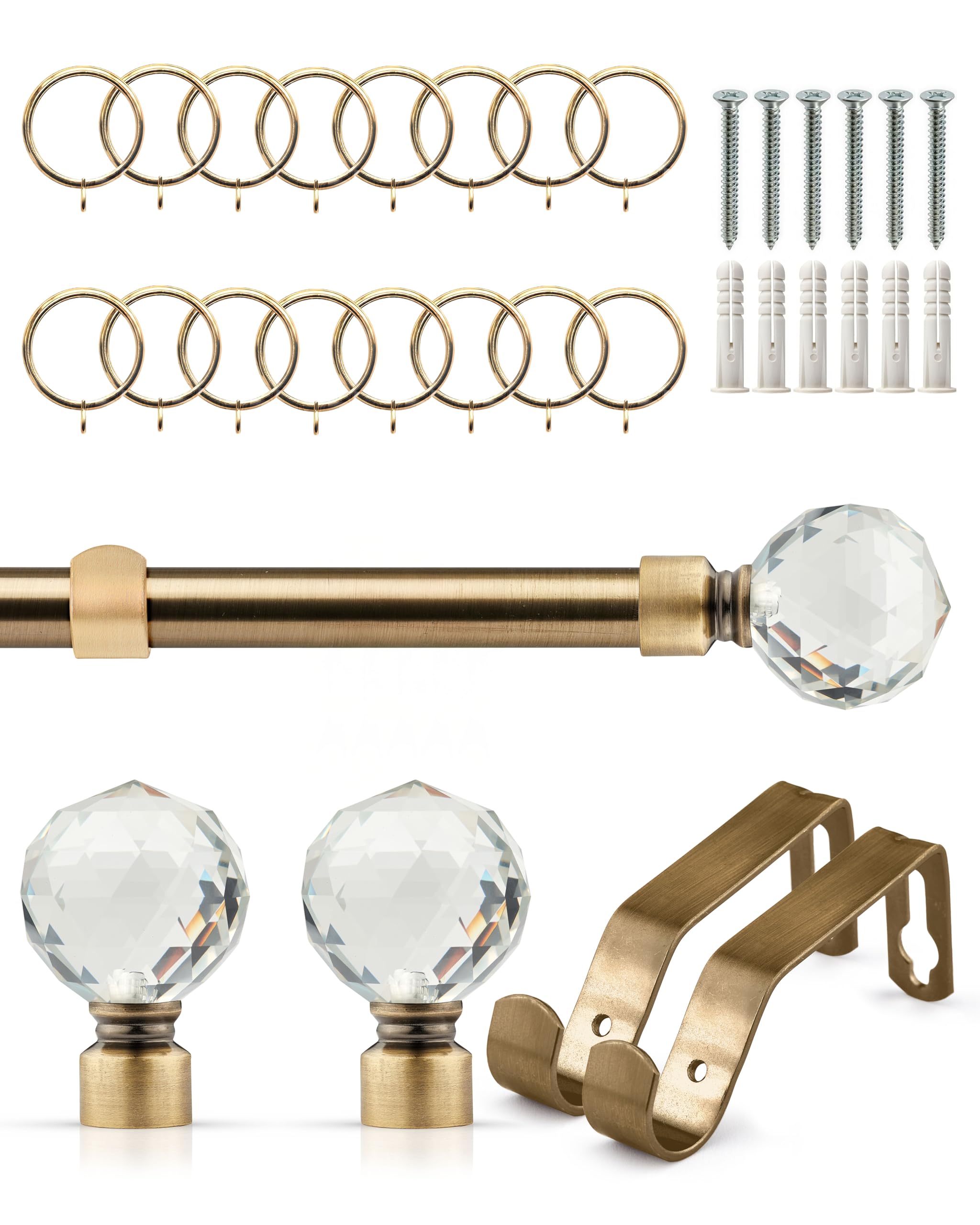 Emma Barclay Crystal Extendable Curtain Pole - Smooth Telescopic 19mm Metal Curtain Poles with Crystal Effect Finials, Brackets & Fittings for Eyelet Curtains (Antique Brass, 1.2m - 2.1m, With Rings)