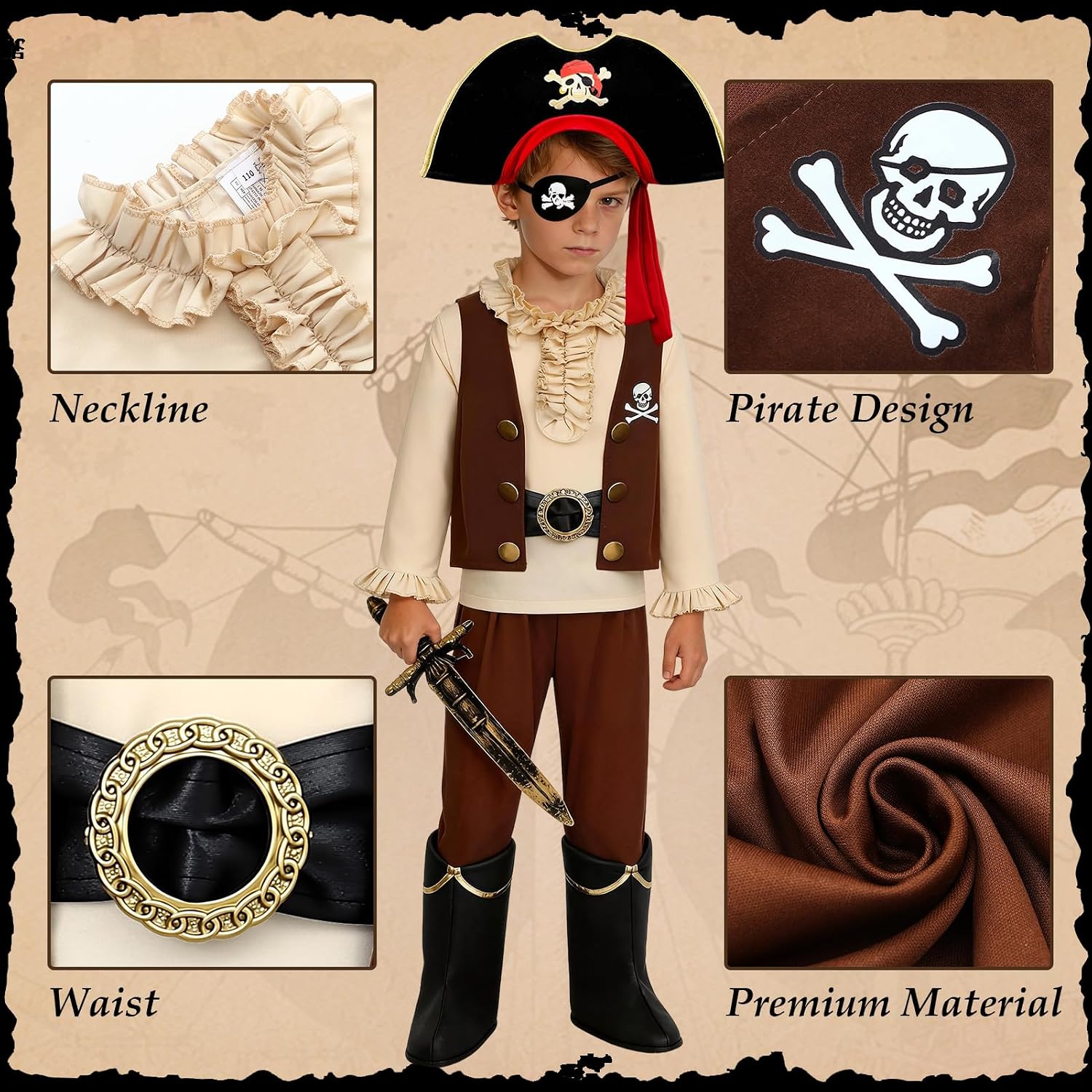 G.C Deluxe Pirate Costume for Boys Kids, Dress Up Halloween Costume