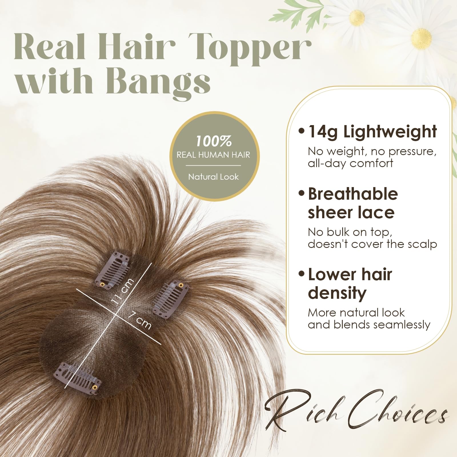 Rich Choices Haartopper Echthaar mit Pony 100% Remy Human Hair Topper Clip in Haarteil Echthaar Topper Damen für Natürlicher Oberkopf 14g #4 Mittelbraun Wispy Bangs