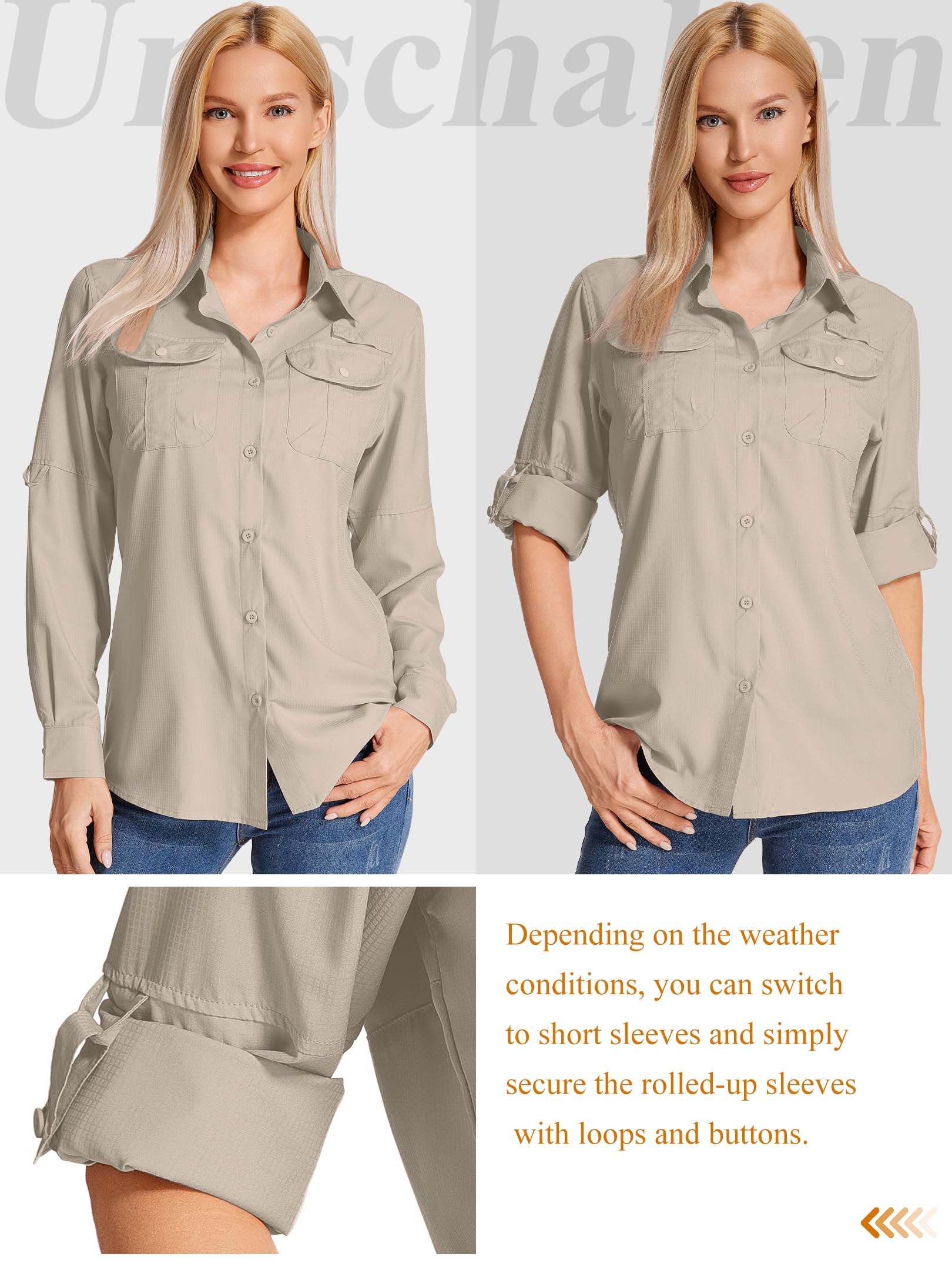 Camisa de Safari para Mujer Manga Larga - Tejido Transpirable y Secado rápido - Protección Solar UPF - Ideal para Pesca, Senderismo, Trekking, Acampada y Viajes - Ruta técnica Outdoor