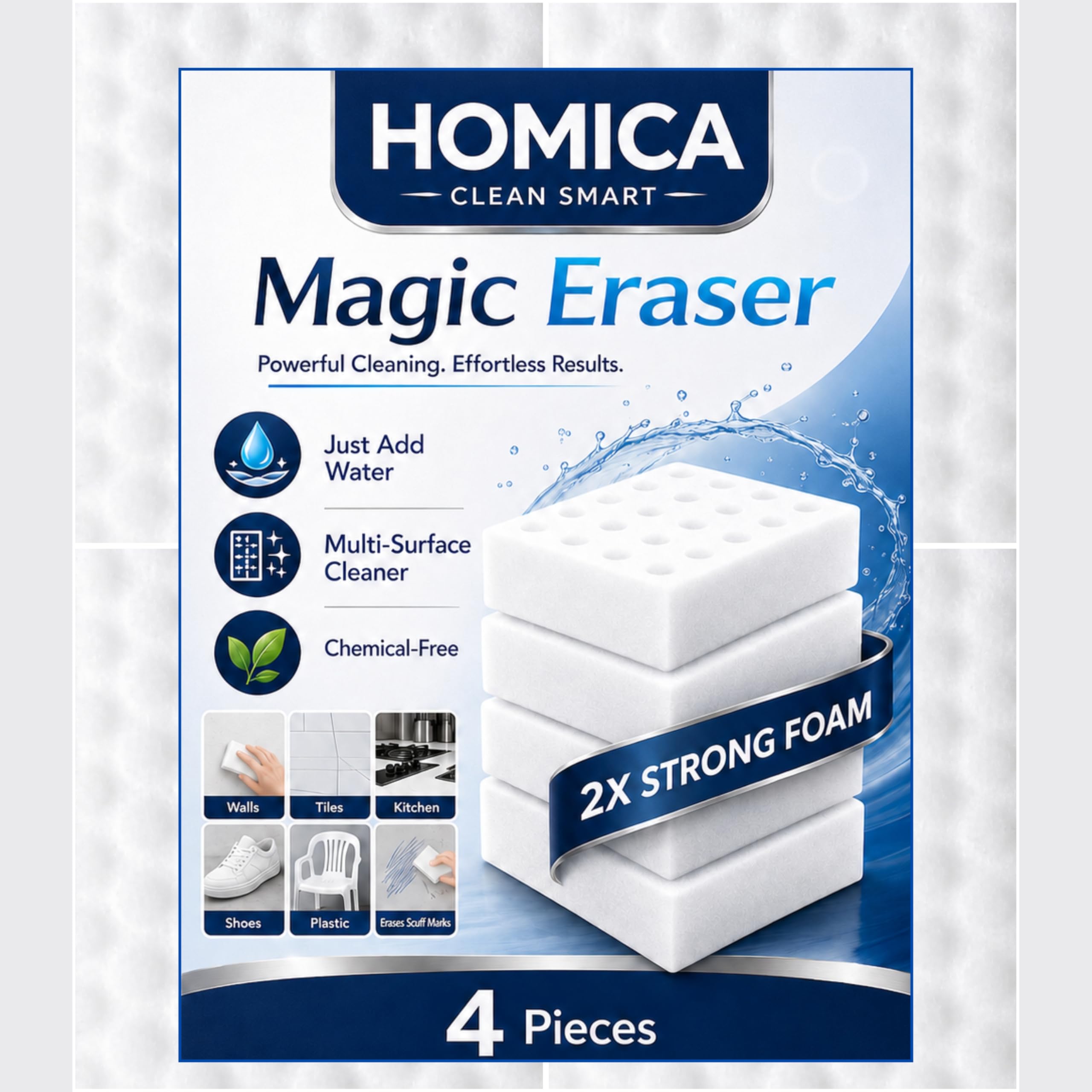 Pack of 4 Homica Magic Eraser Cleaning Sponge | Chemical-Free Multi-Purpose Cleaning Sponge | Just Add Water | Removes Marks, Stains | for Kitchen, Bathroom, Walls, Shoes & Appliances