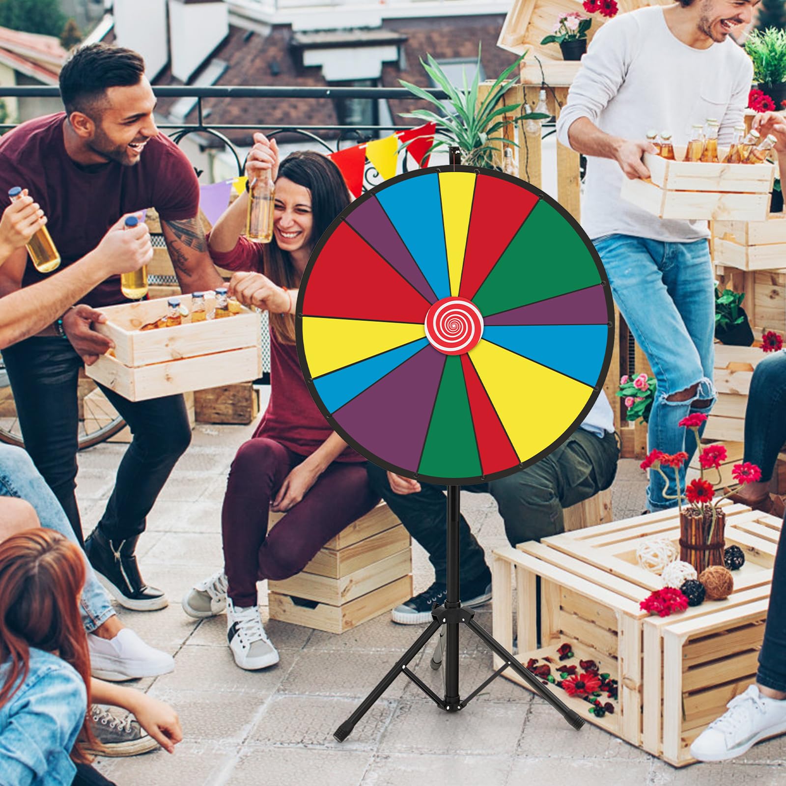GOPLUS - Rueda de la fortuna Φ 76 cm,rueda de precio de altura ajustable con trípode y 14 ranuras personalizable,rueda de juego reutilizable con bolígrafo borrable goma para fiestas,cumpleaños