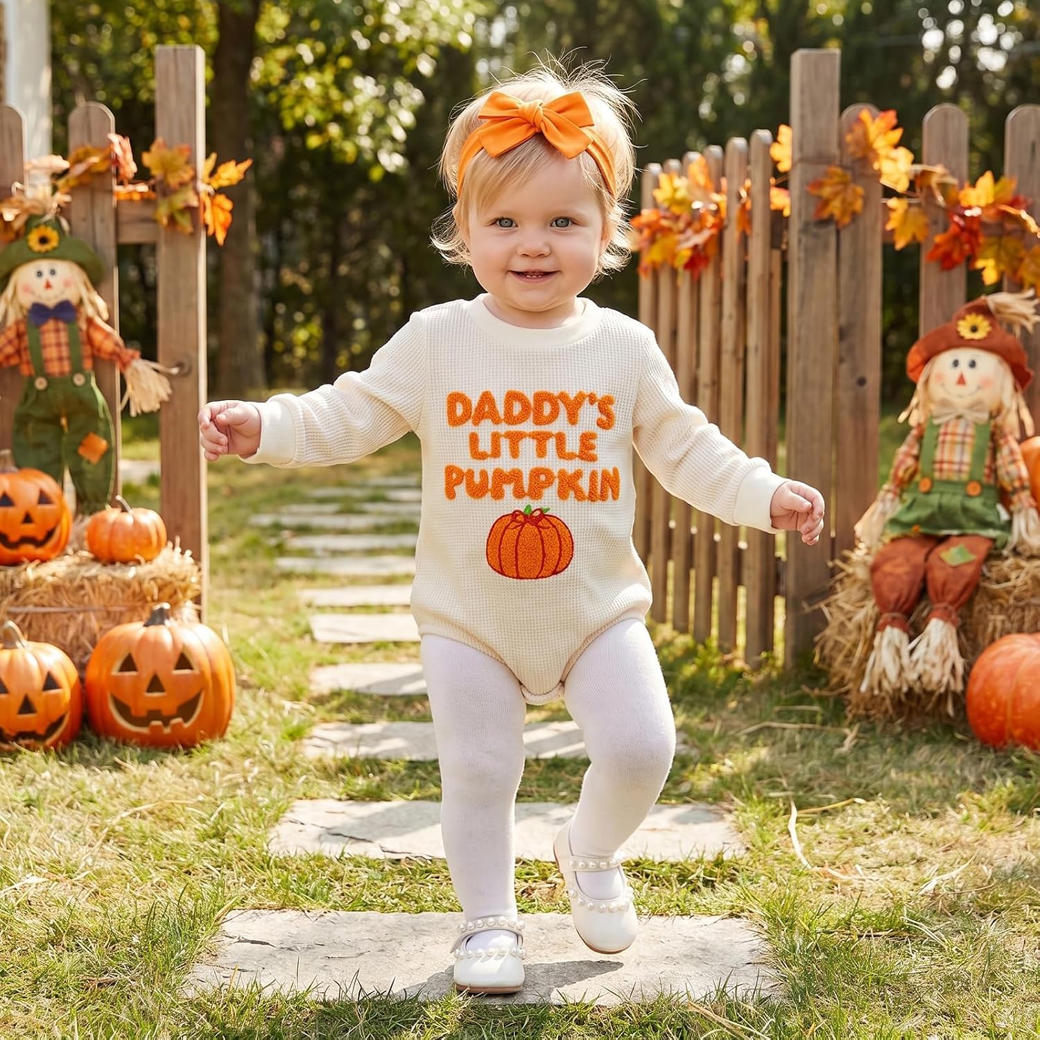 My First Halloween Baby Girl Outfit Pumpkin Waffle Romper Fall Set