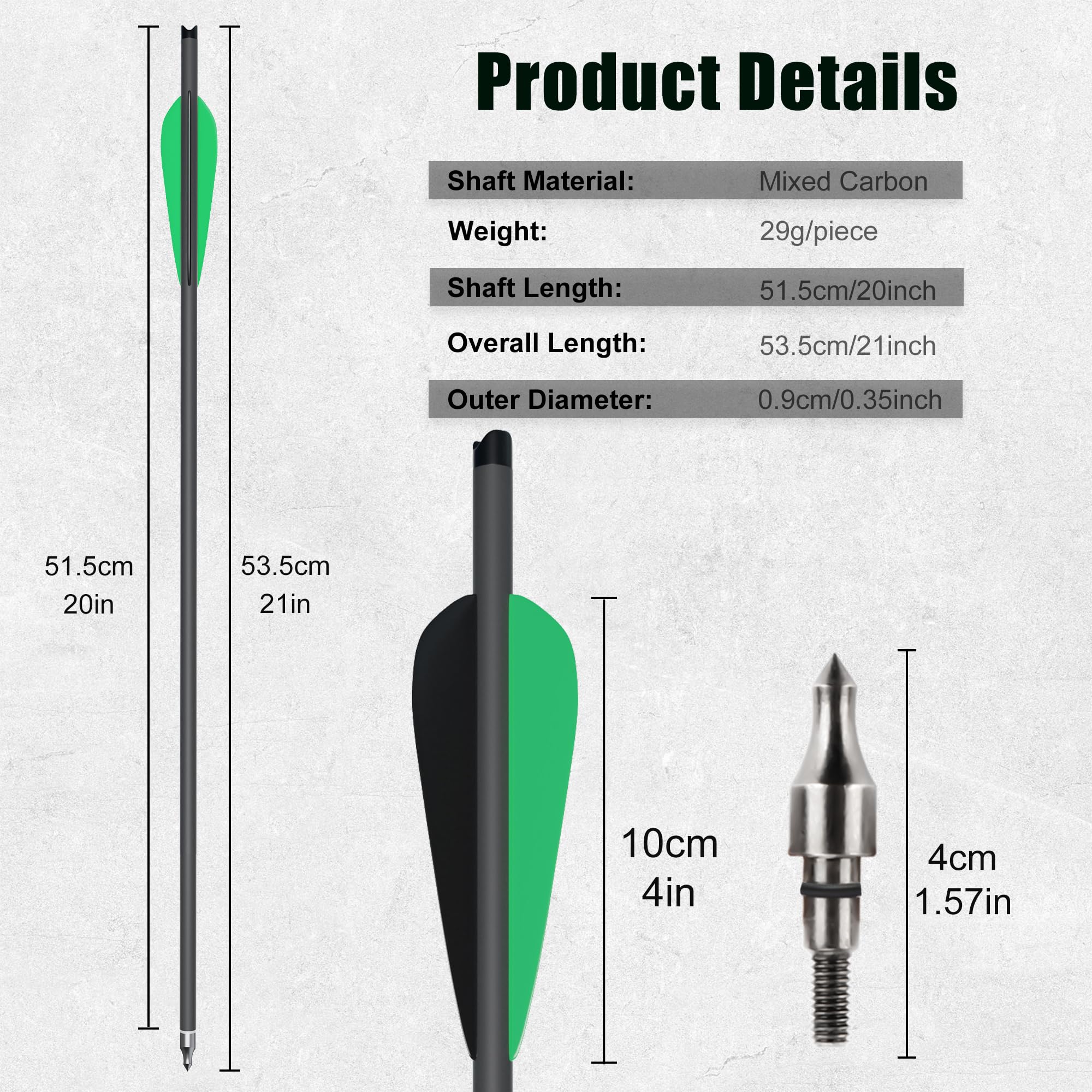 Flèches Carbone pour Arbalète 20" 8,8mm Pointes Acier - Set de Flèches Haute Performance Chasse Tir Précision