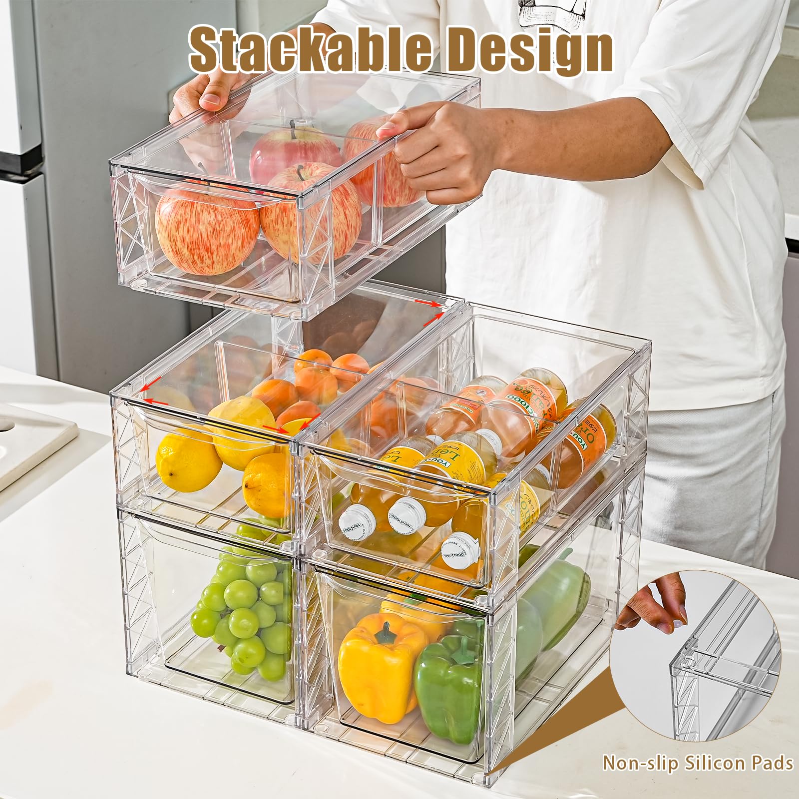 Confezione da 4 contenitori impilabili da cucina, organizer per dispensa e stoccaggio, contenitori trasparenti per alimenti con manici, facili da montare per bagno, cucina, dispensa, armadio, armadio