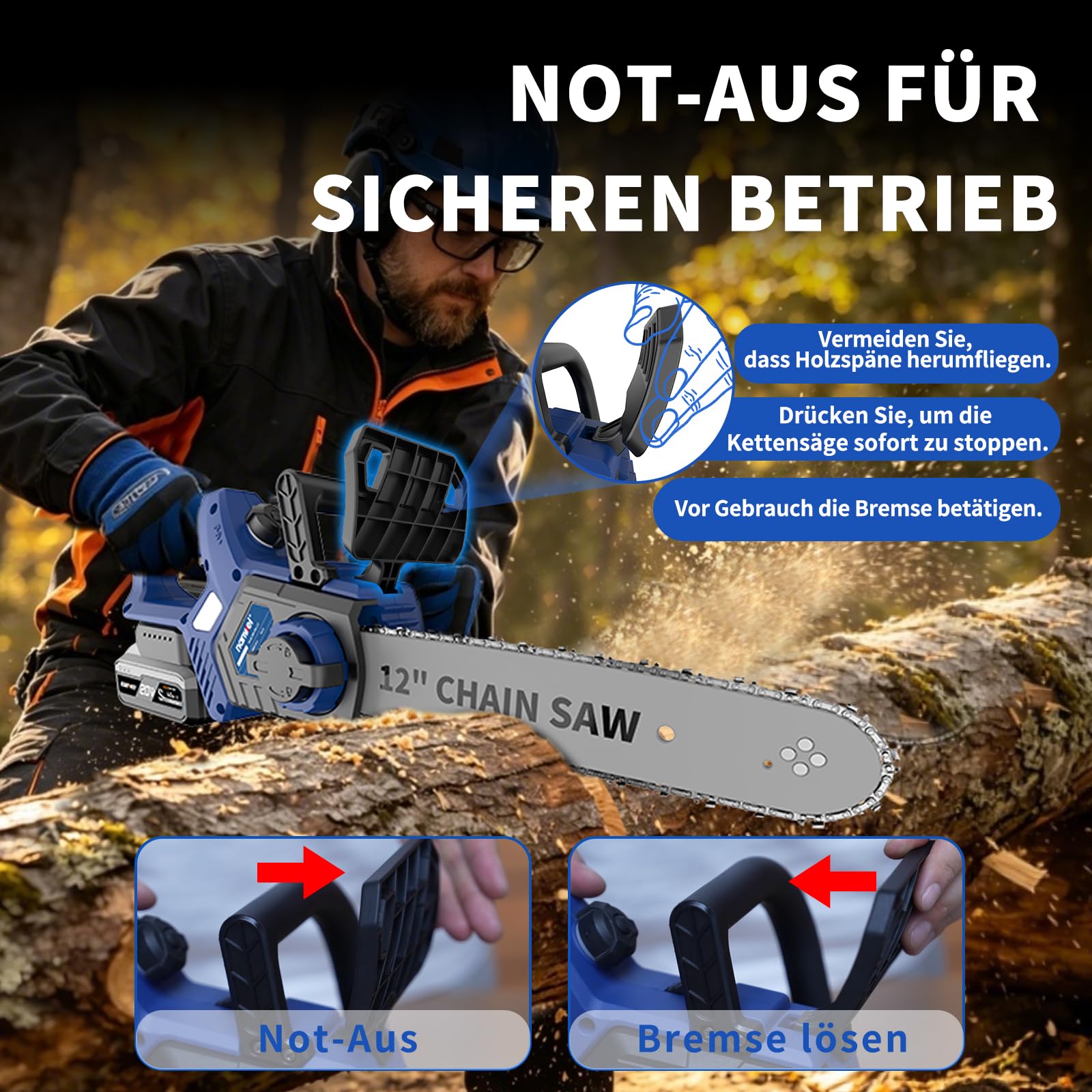 NANWEI Akku Kettensäge 12 Zoll mit 2x 4.0Ah Akku, kabellose Elektrosäge, ausgestattet mit einer Bremsklappe, bürstenlosem Motor (Mit 2 Batterie)