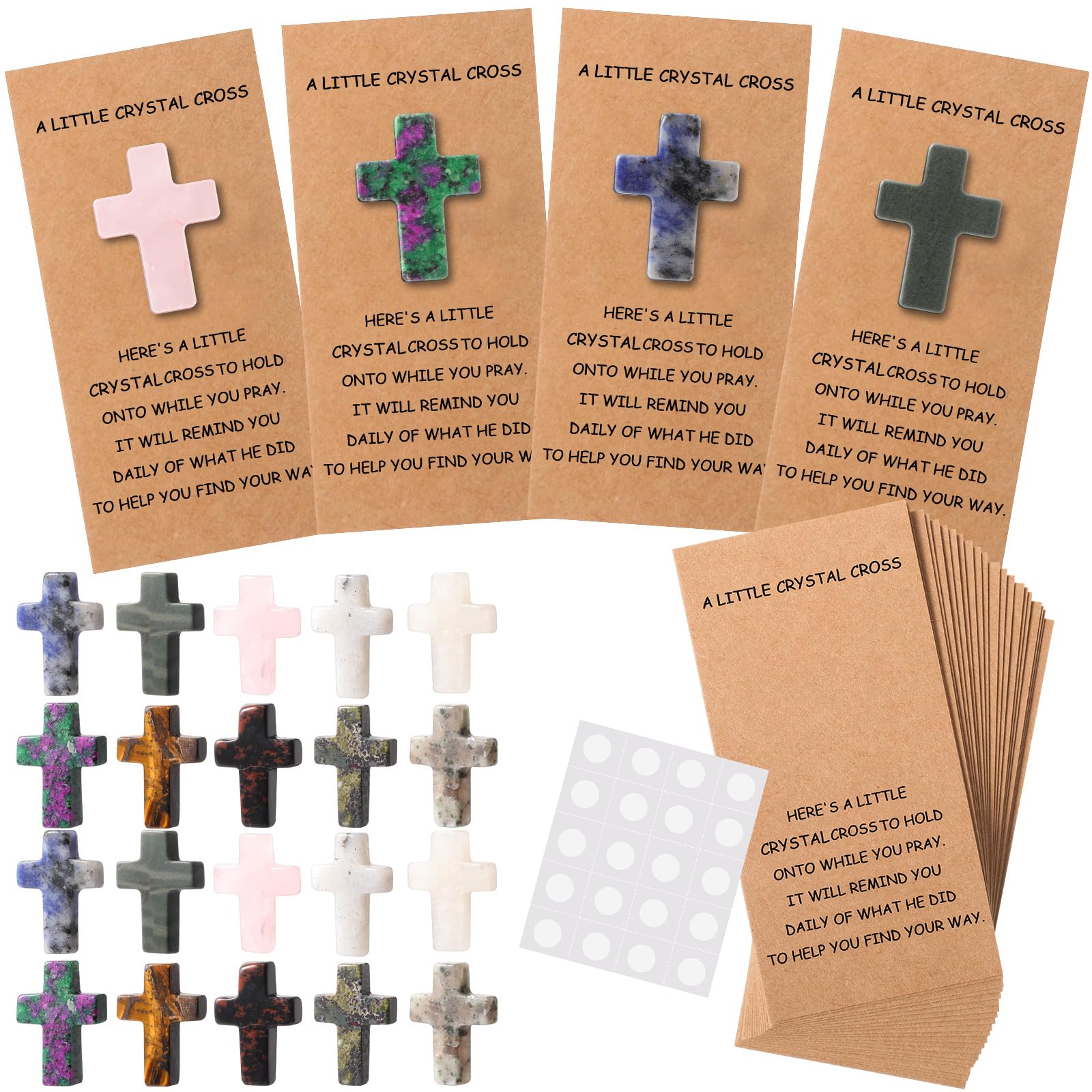 Misdary 60 Pcs / 20 Sets Pocket Hug Token Bulk Hug Greeting Cards with Mini Cross Crystal Stones Greeting Cards Keepsake Exchange Relationship Gift