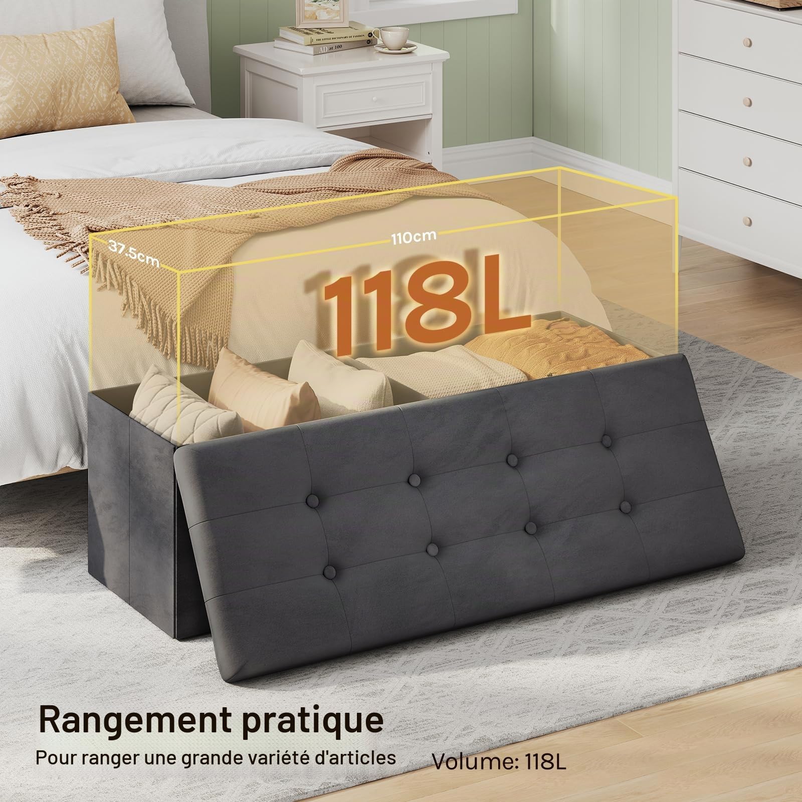 WOLTU Banc de Rangement Pliable, Pouf Tabouret Rembourré de Grande Capacité de 118L, Charger 300KG, 110x37,5x38cm, Gris