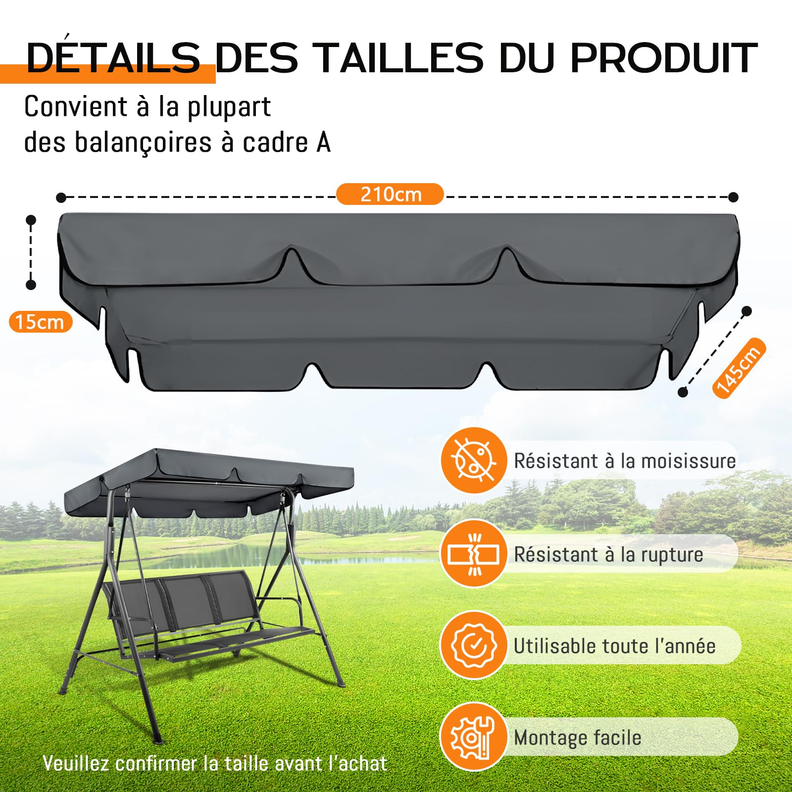 Toit de Rechange pour Balancelle de Jardin, Toile de Balancelle de Jardin 3 Places, Imperméable Protection UV Housse de Rechange Toit de Balançoire (210x145cm)