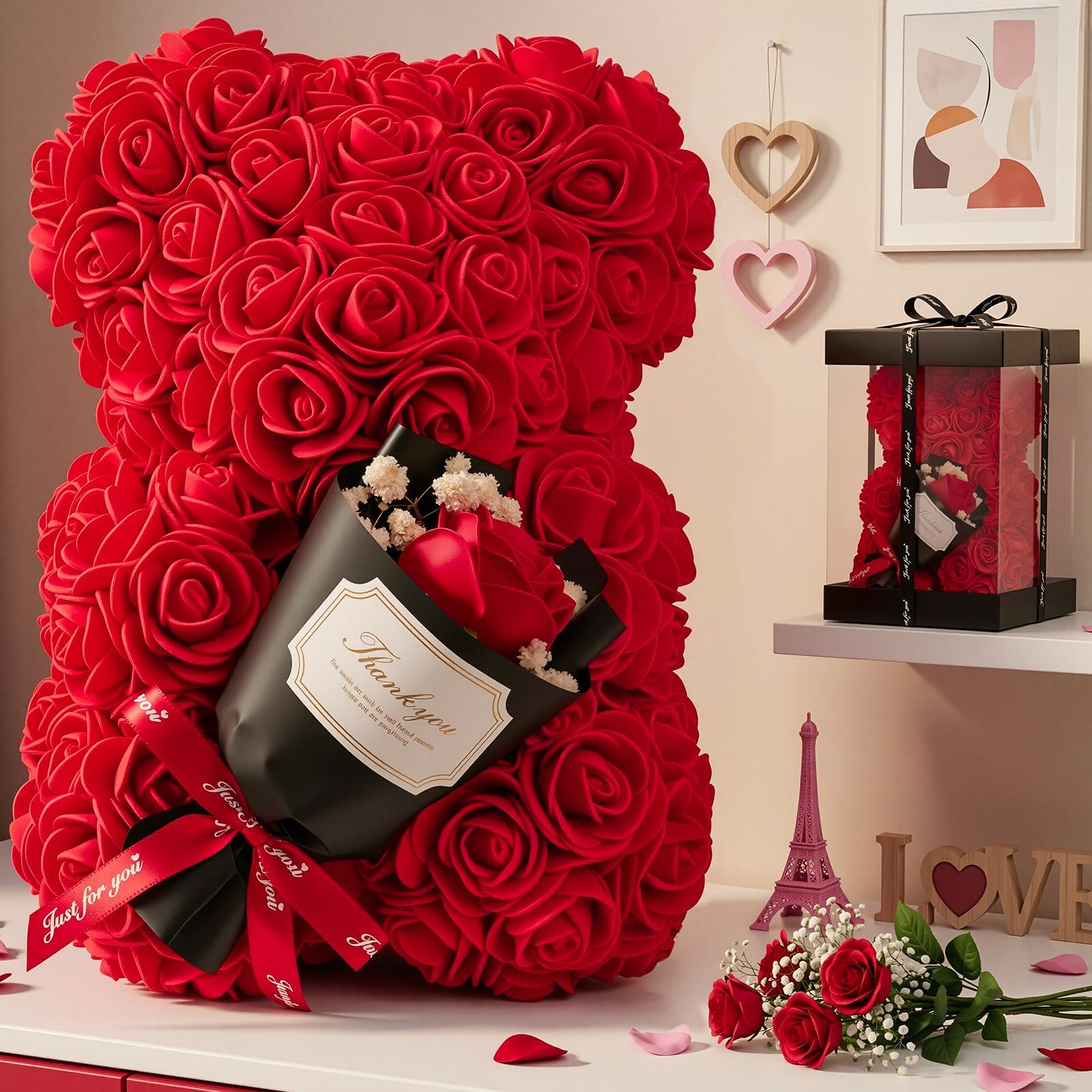 Otlonpe Rosenbär Muttertagsgeschenke für Mama, Geschenke für Frauen Sie Freundin, Cute Rosen Teddybär mit Blumen Tisch Dekorationen für Geburtstag, Valentinstag, Weihnachten (Rot)
