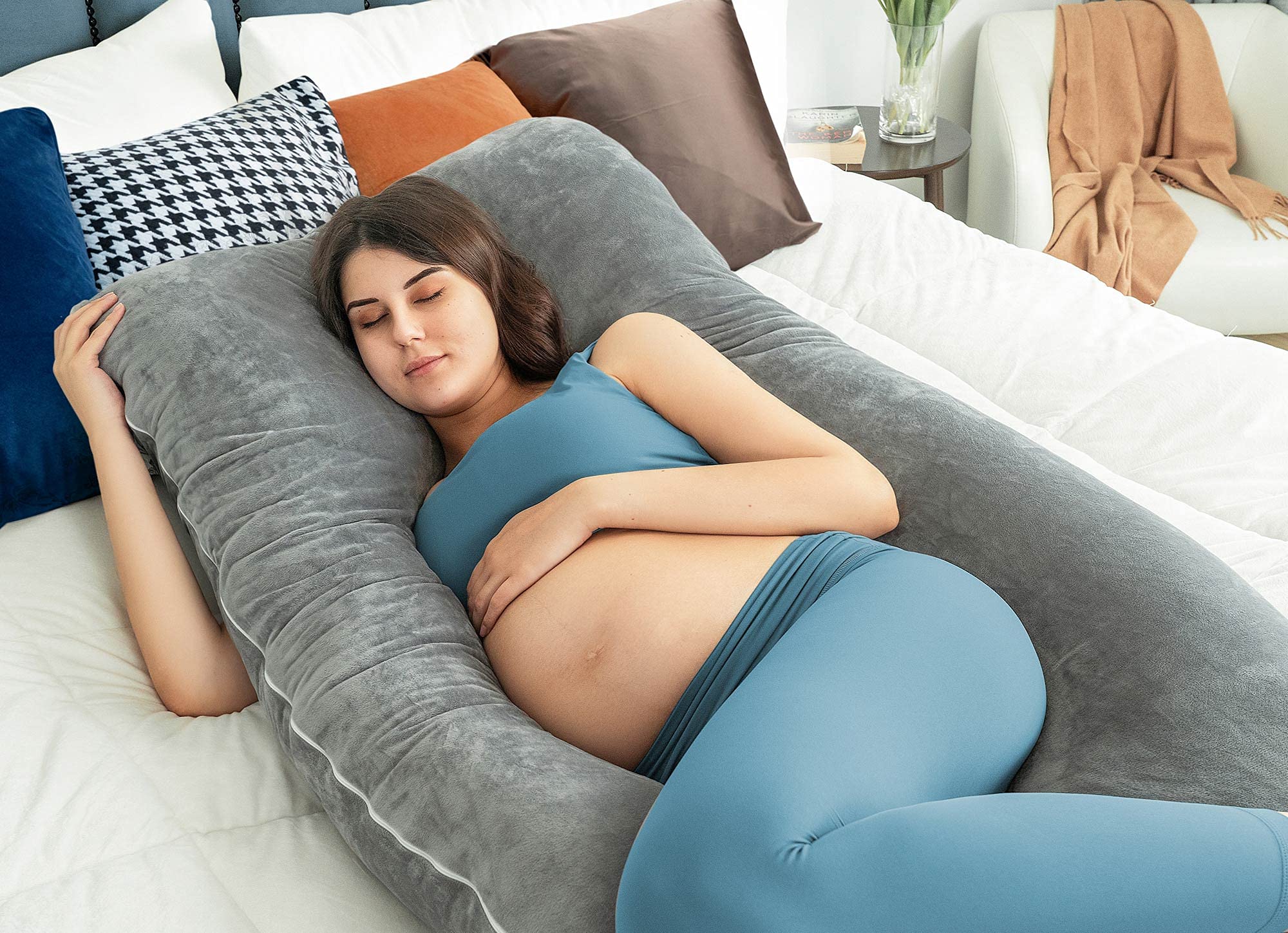 Condition photo showing New/Like New for queen rose pregnancy pillows, u shaped full body pillow for sleeping support, 55 inch maternity pillow for pregnant women with removable velvet cover, grey