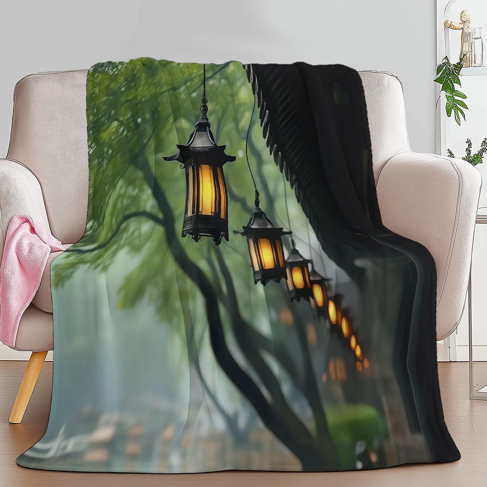 Łupek zielony koc narzuta, chińska architektura, okap, scena uliczna, całoroczny, flanelowy koc, 220 x 240 cm, łupkowa zieleń, miękki, lekki, przytulny, puszysty, pluszowy koc, prezent dla dorosłych