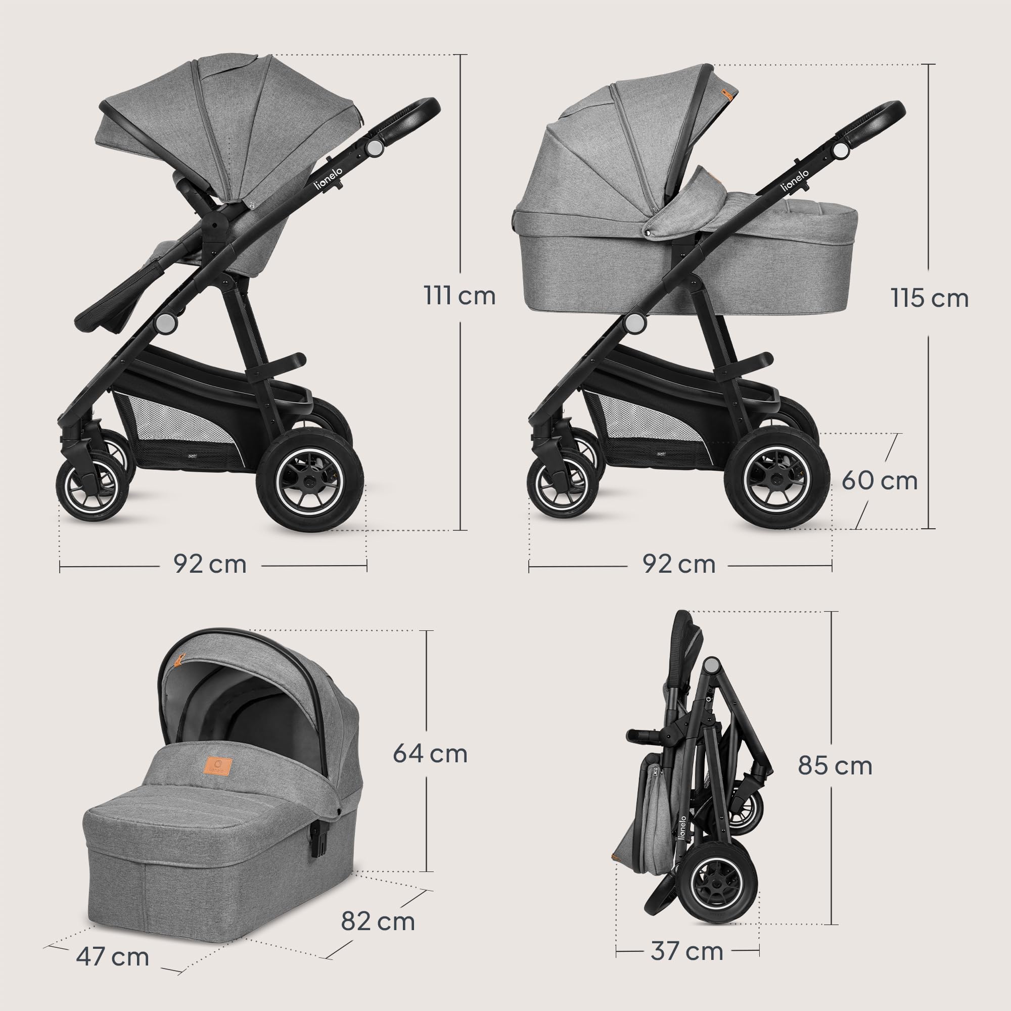 LIONELO BIANKA Wózek Spacerowy Dziecięcy 3 w 1 do 22 kg Gondola Fotelik Samochodowy do 13 kg, Składany, System Podróżny Regulacja Oparcia Koła 360o Amortyzacja, Daszek XXL (Szary) | Składany, system podróżny, regulacja oparcia, koła 360o amortyzator, osło