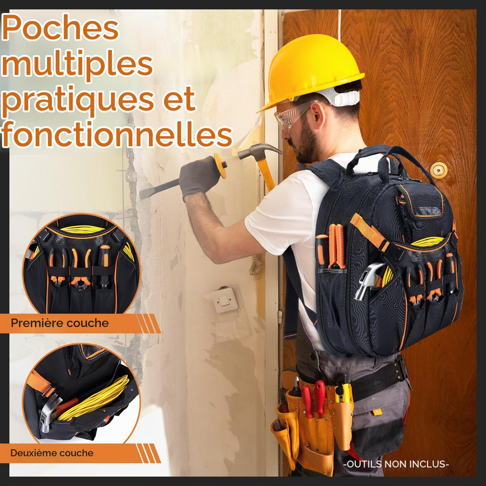 BAGZY 40x30x20cm Sac à Dos Outils 1680D Sacs Porte-outils Pour Homme 52 poches Sacoche Electricien Entièrement Ouvert Backpack avec USB Sacoche Base Rigide Sac Outillage Charpentier Randonnée Rouge