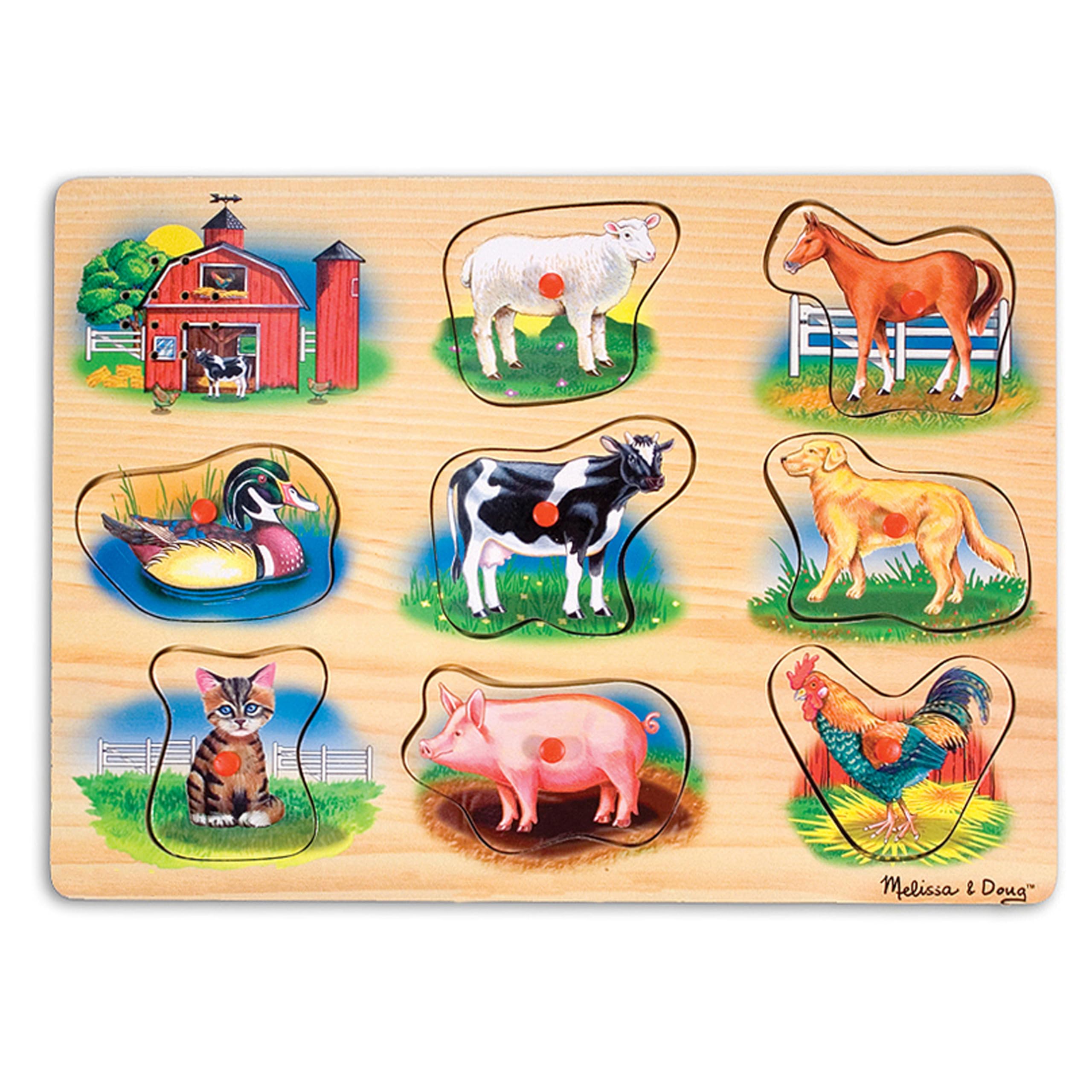 Melissa & Doug Farm Animals Sound Puzzle – 8-Piece Wooden Peg Puzzle with Realistic Animal Sounds – Early Learning Toy for Fine Motor Skills, Animal Recognition & Play for Kids Ages 2+ | MD726