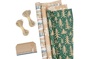 RUSPEPA Christmas Wrapping Paper Kit: 3 Rolls, Tags, Jute String