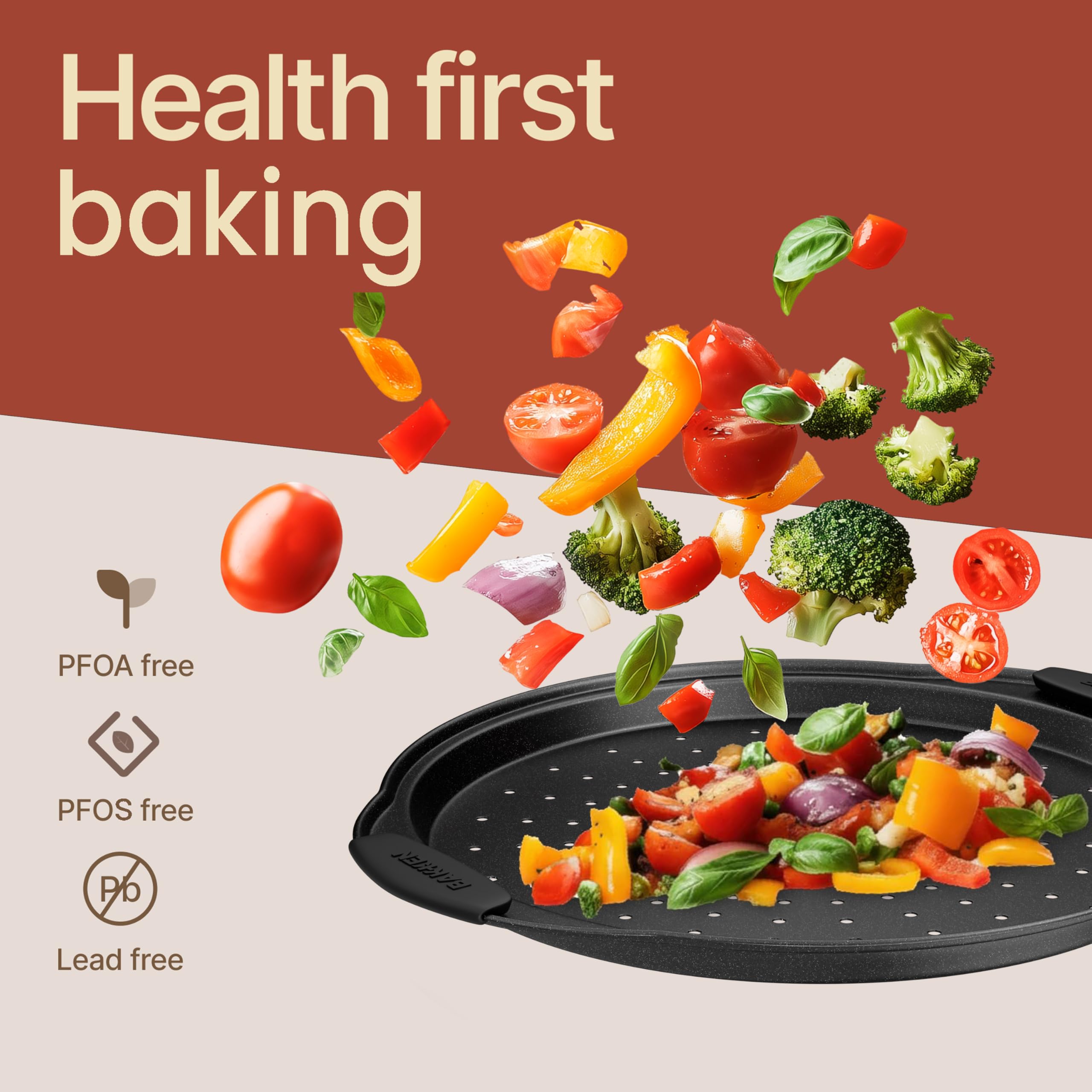 Bakken - Molde para hornear pizza, redondo de acero al carbono perforado con revestimiento de mármol antiadherente, mango de silicona de gran tamaño, apto para lavavajillas, resistente a altas