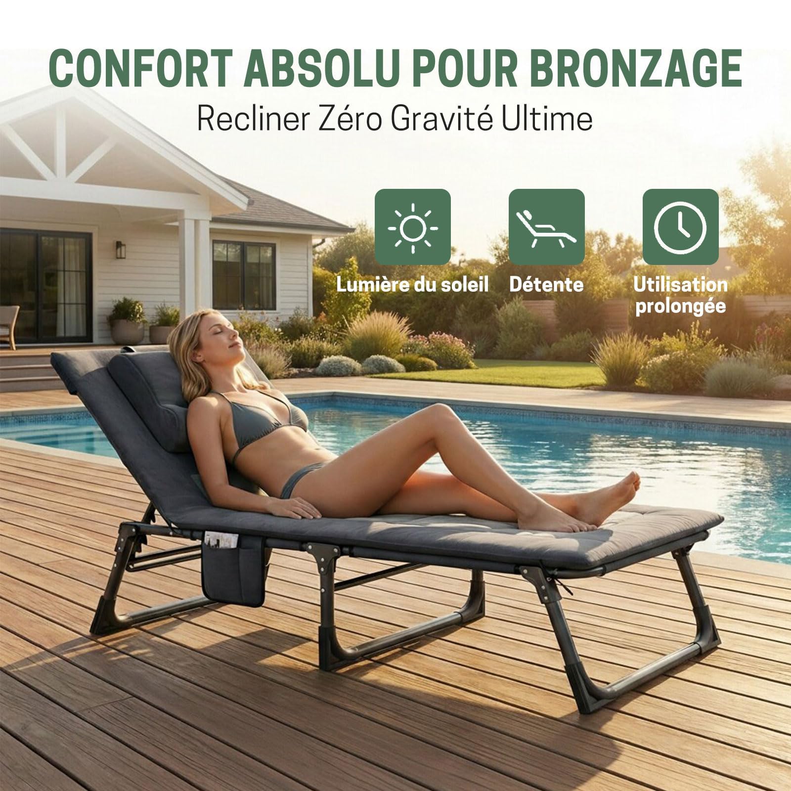 Bain de Soleil 4 Positions, Chaise Longue Pliable | avec Matelas Rembourré et Oreiller; Lit de Camping Portable; pour Jardin, Plage, Piscine, Patio; Gris