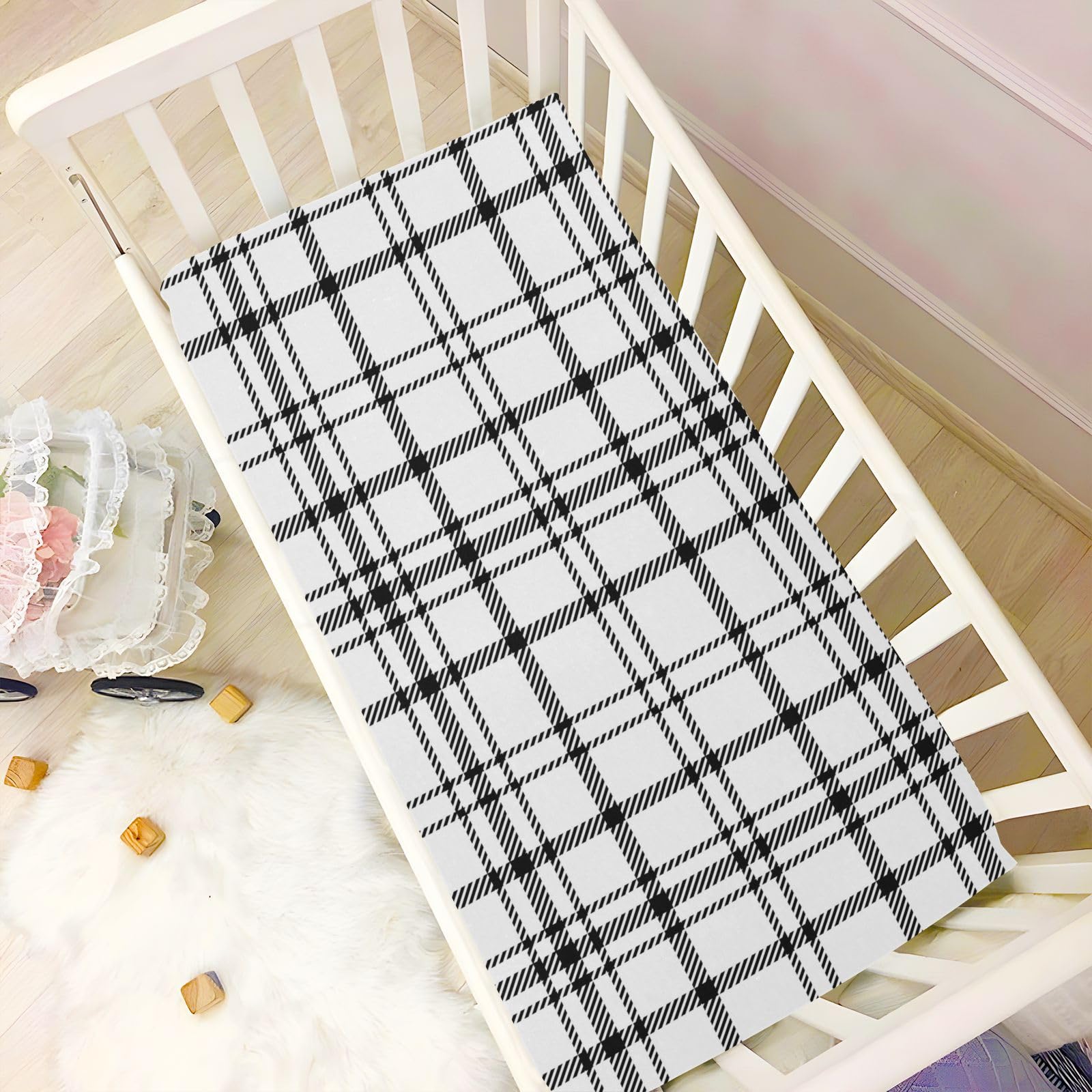 Pfrewn Crib Sheets for Boys Girls Plaid Checkered Black and White Fitted Crib Sheet for Mini Crib Mattress Stretch Soft Toddler Baby Playard Sheet, 39x27x5IN