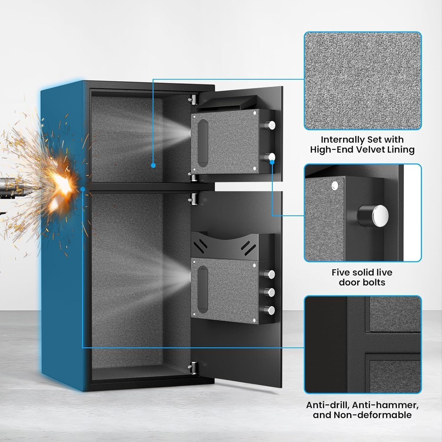 Internal features: velvet lining, five solid live door bolts, anti-drill, anti-hammer, non-deformable construction