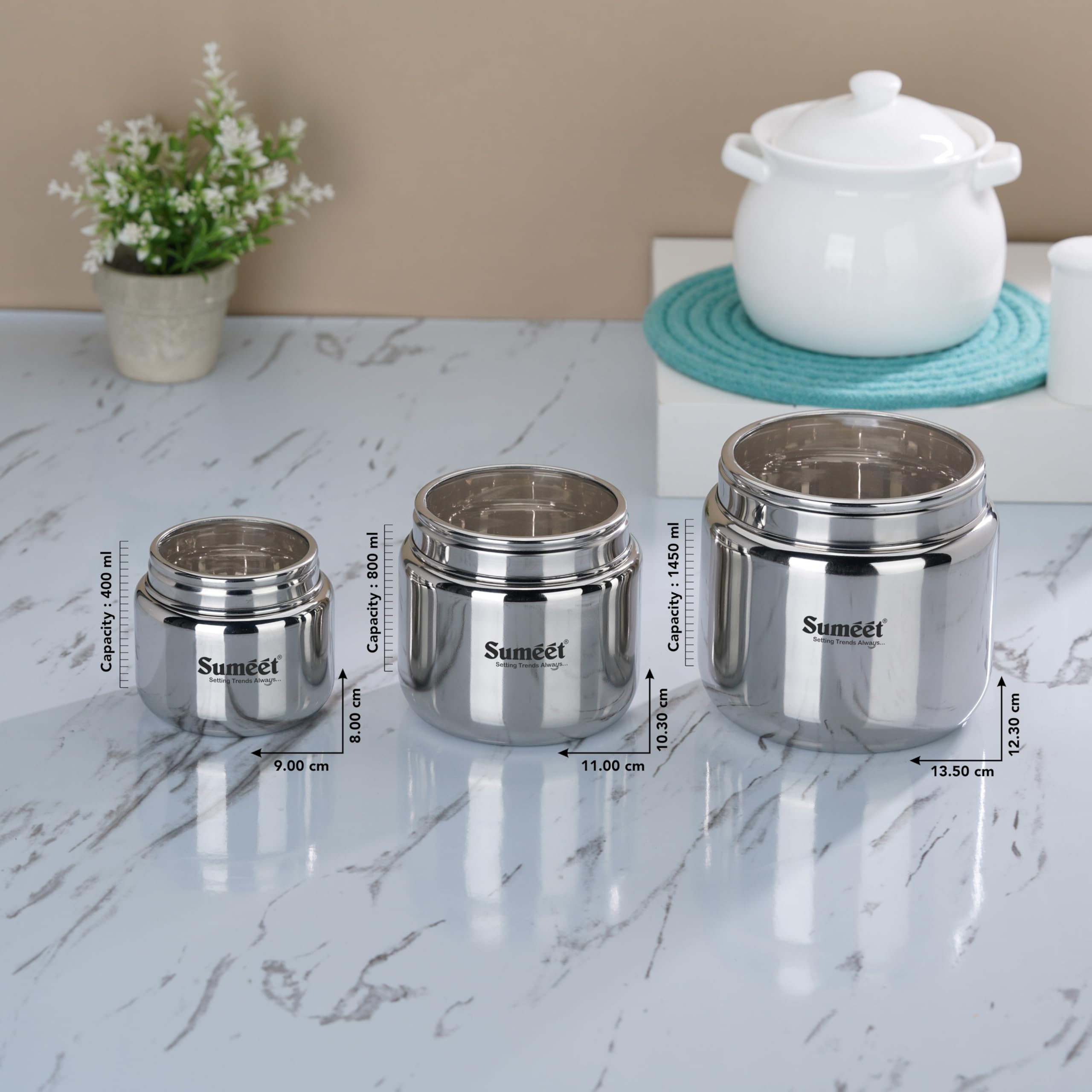 Sumeet Recipientes de acero inoxidable para cocina con tapa transparente, combo de 3 unidades (400 ml con 9 cm de diámetro, 800 ml con 11 cm de diámetro y 1450 ml con 13,5 cm de diámetro), color