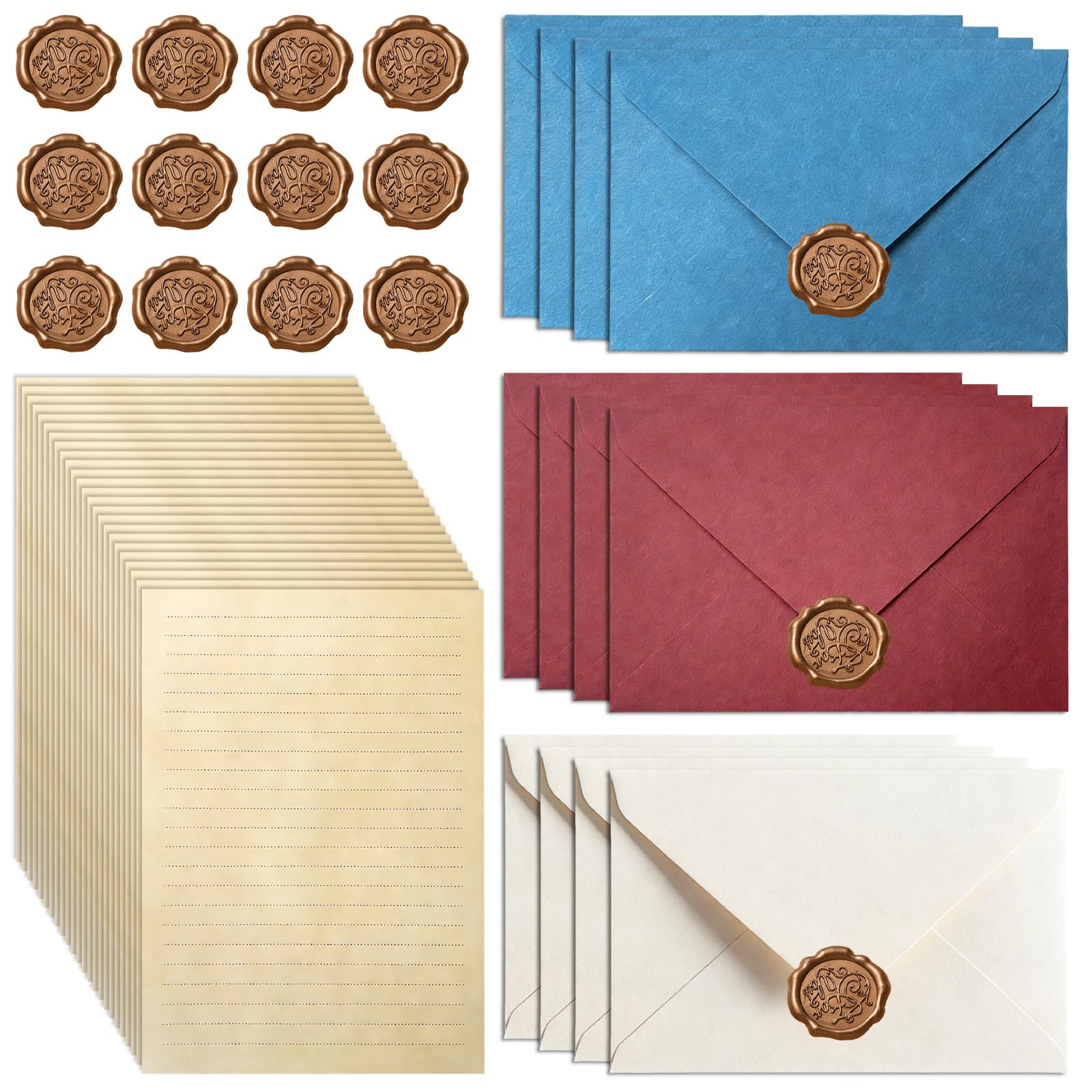 Dengthrive Letter Writing Set Waterproof, 48 PCS Letter Writing Paper and Envelopes 12 Envelopes and 24 A5 Letter Paper and 12 Seal Stickers Vintage Paper for Love Letter Birthday Wedding Invitation