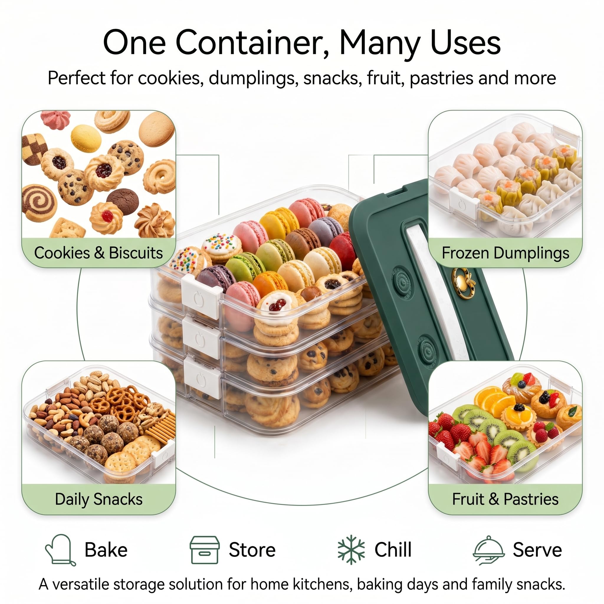 Dumpling Box - Contenedor de almacenamiento de alimentos de 4 capas apilable con tapa, contenedor Gyoza, contenedores de almacenamiento de galletas, buen sellado, codificador de tiempo (verde)