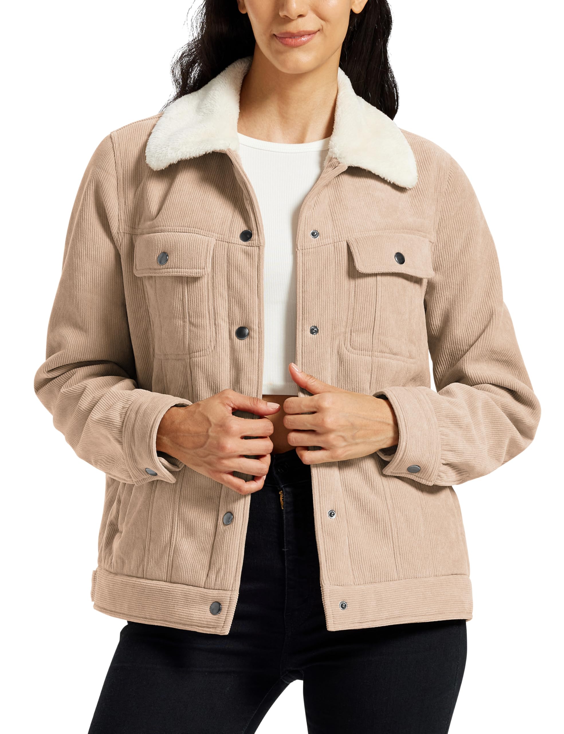 MoFiz Damen Fleecejacke Sherpa Gefüttert Winterjacke Warmer Damenjacke Mode Cordjacke Freizeitjacke mit Knopfverschluss Taschen