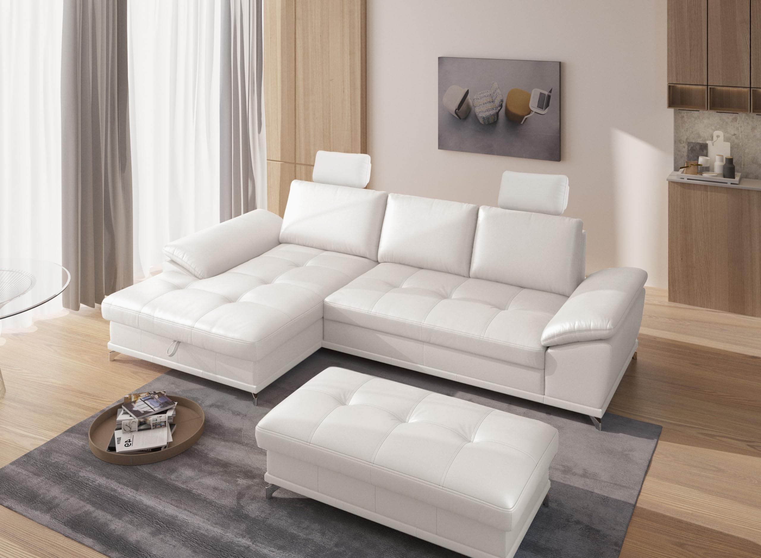 Cavadore Eckcouch Castiel mit Federkern / Ecksofa mit XL-Longchair, Bett, Bettkasten, Sitztiefenverstellung, Kopfstützen und mattschwarzen Metallfüßen / 301 x 89-114 x 176 / / Echtleder, Weiß